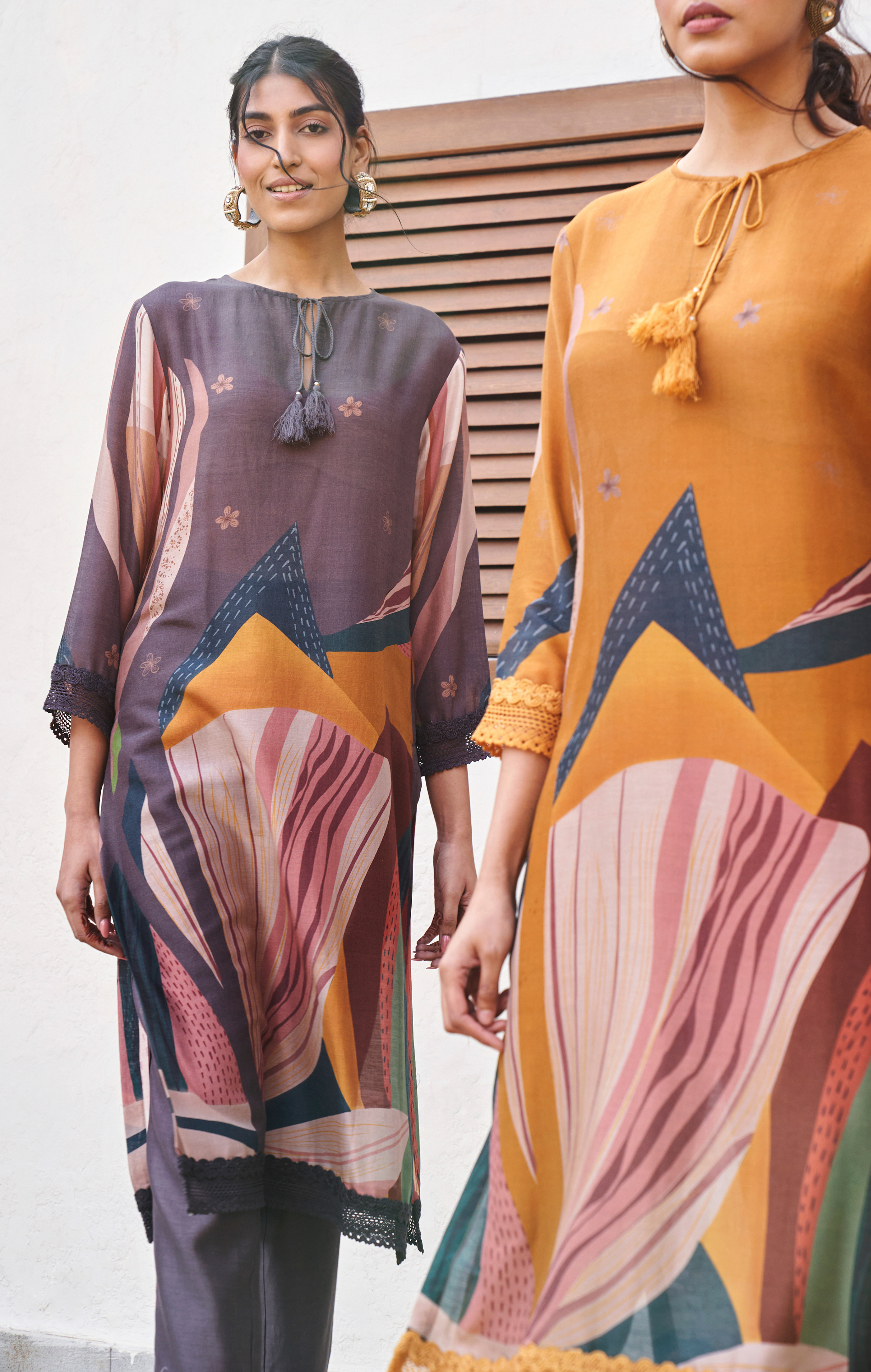 Mustard Yellow Abstract Print Kurta Set With Trousers