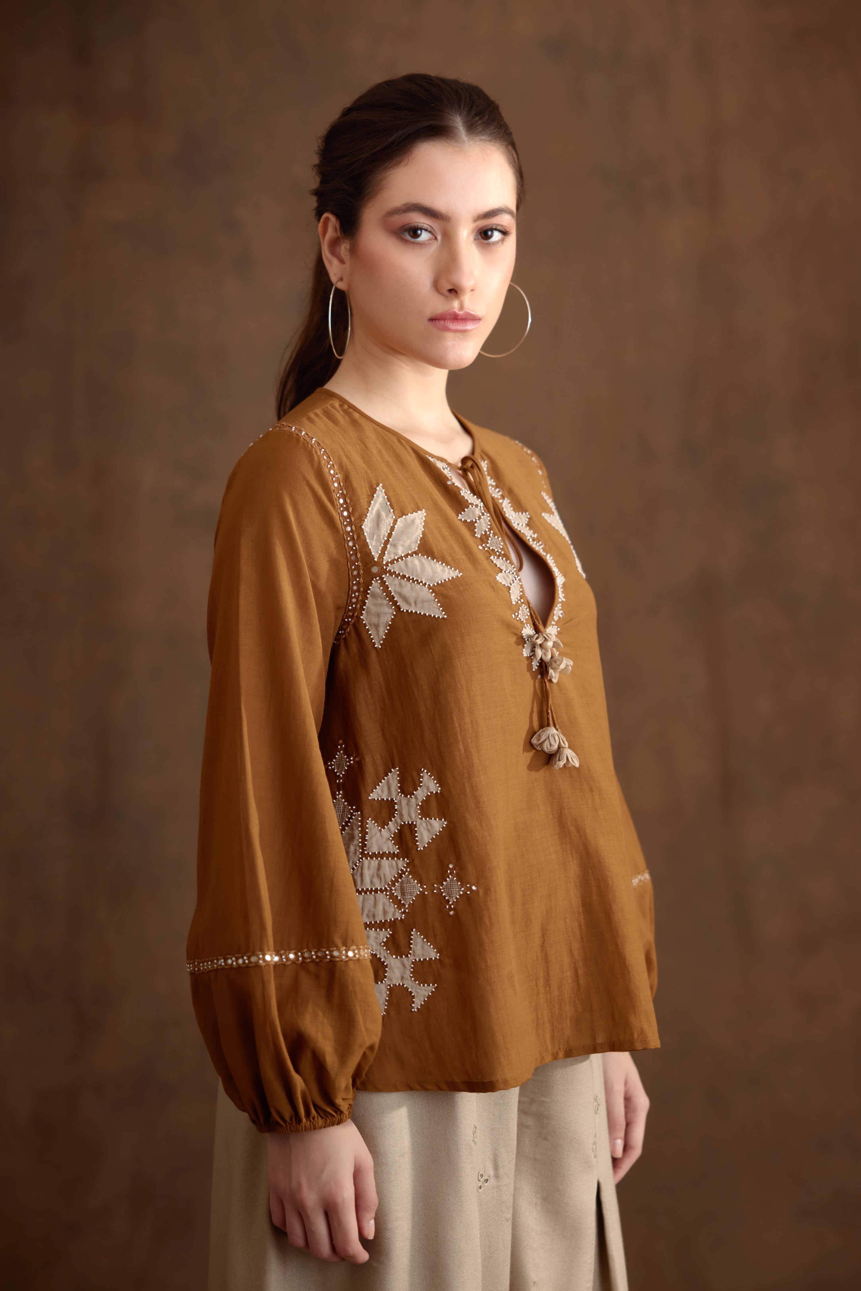 Tobacco Applique Embroidered Top