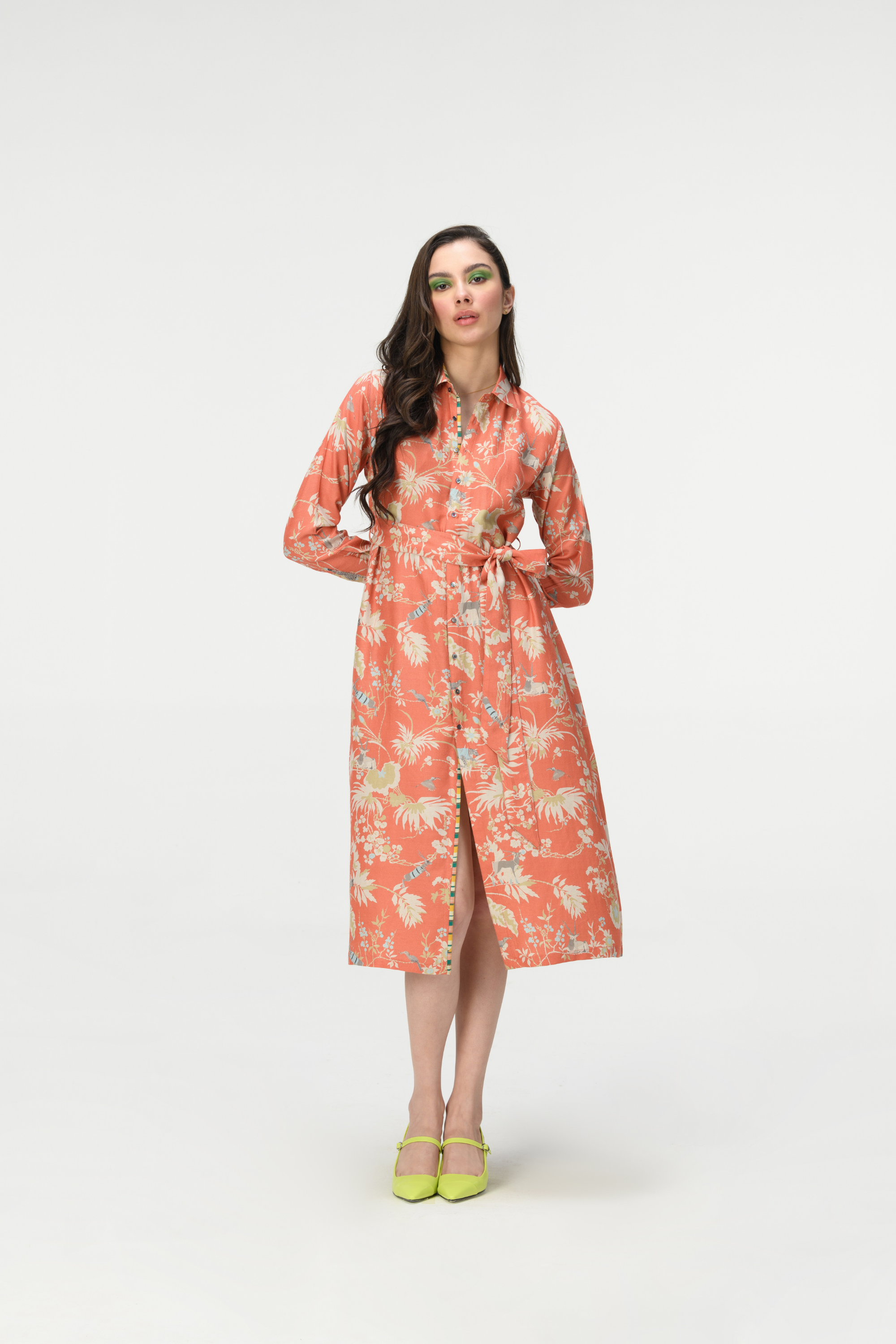 Rainforest Tie Belt Shirt Dress Coral Muga Satin Silk