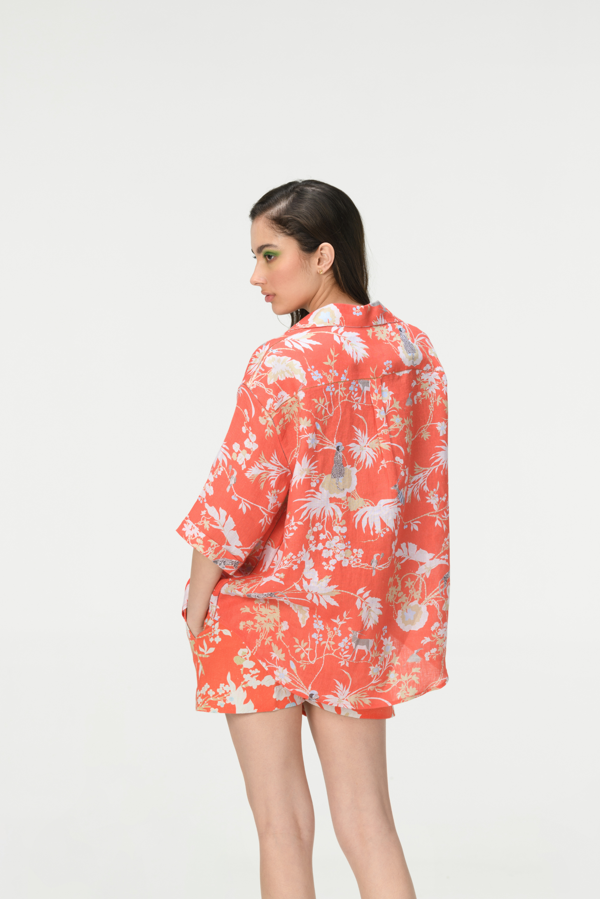 Rainforest Oversized Bush Shirt Coral Linen