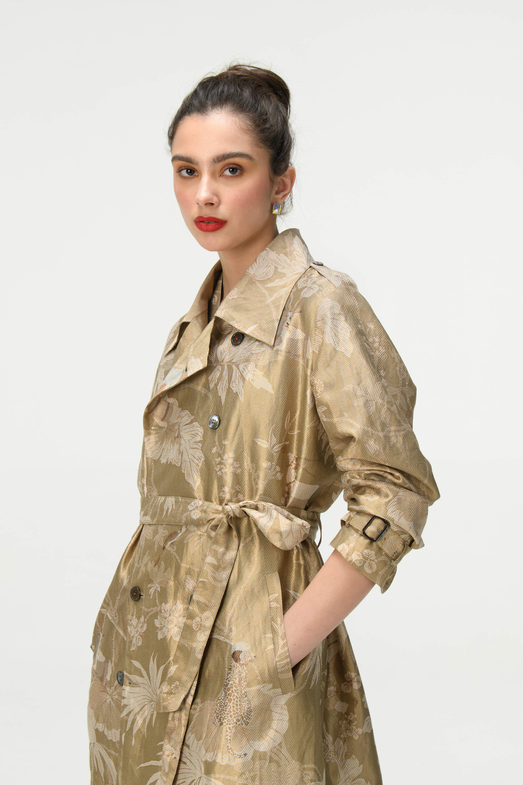 Rainforest Trench Coat Oyster Grey Silk Brocade Zig Zag