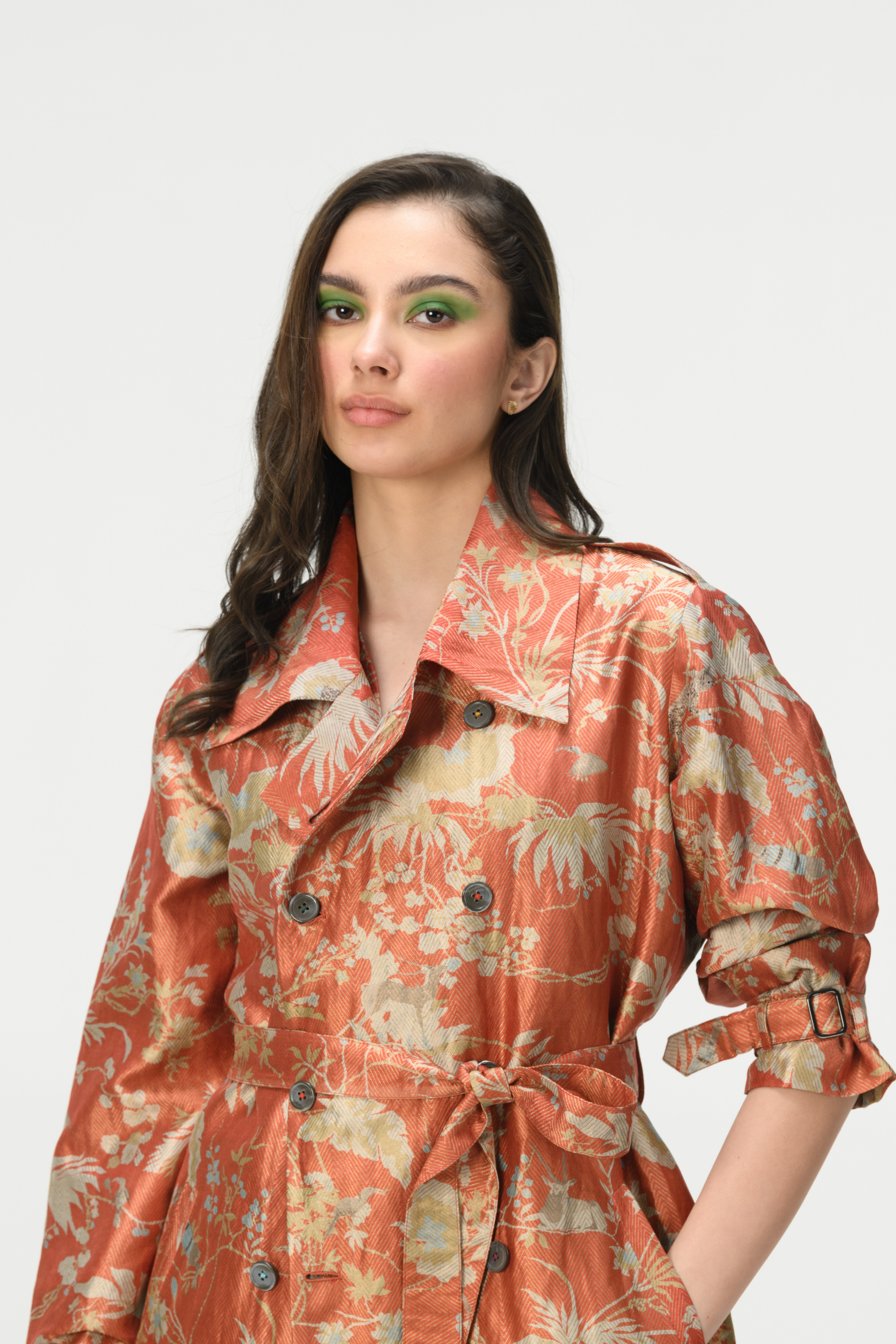 Rainforest Trench Coat Coral Silk Brocade Zig Zag