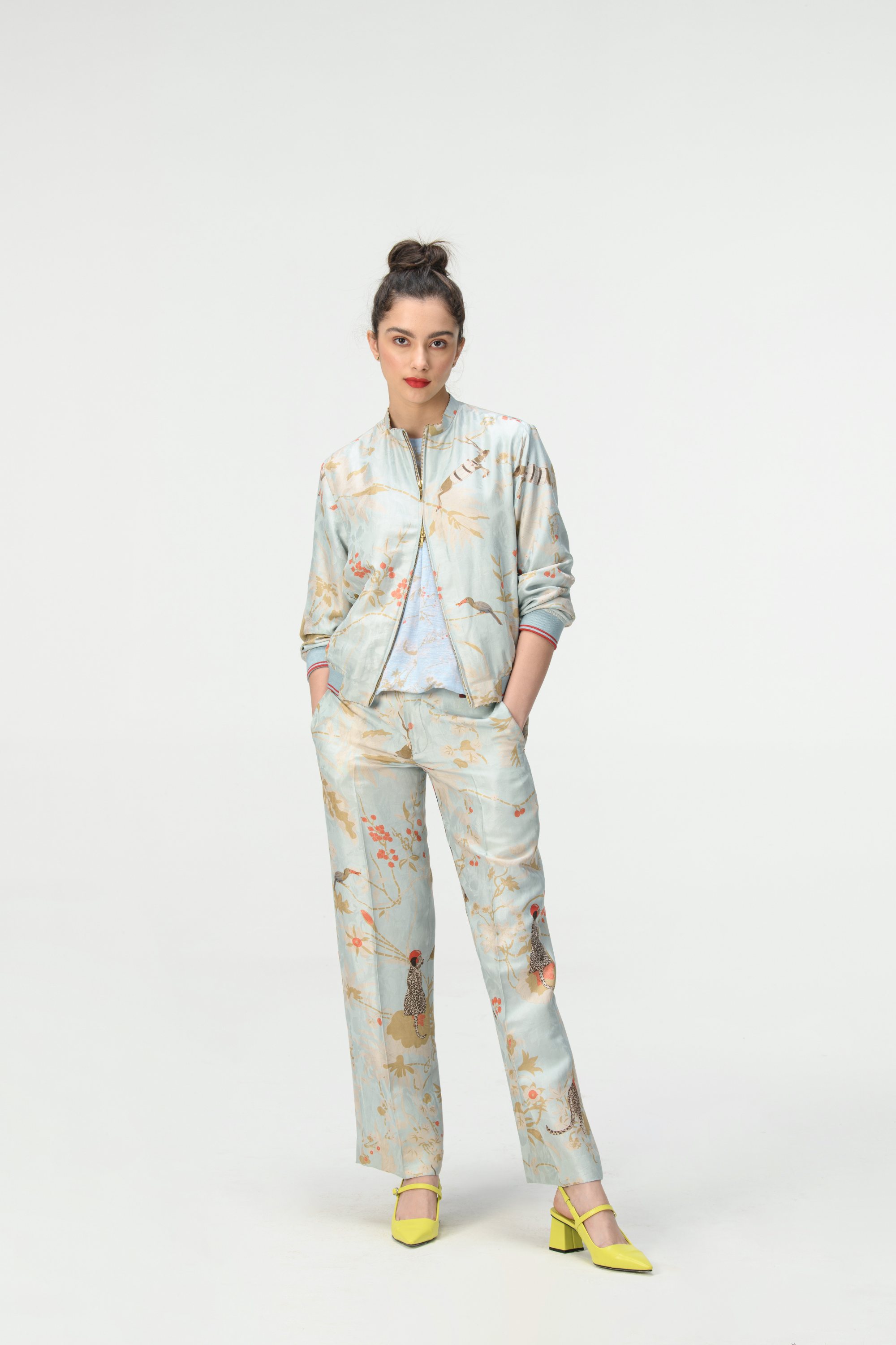 Rainforest Straight Fit Trousers Ice Blue Silk Damask