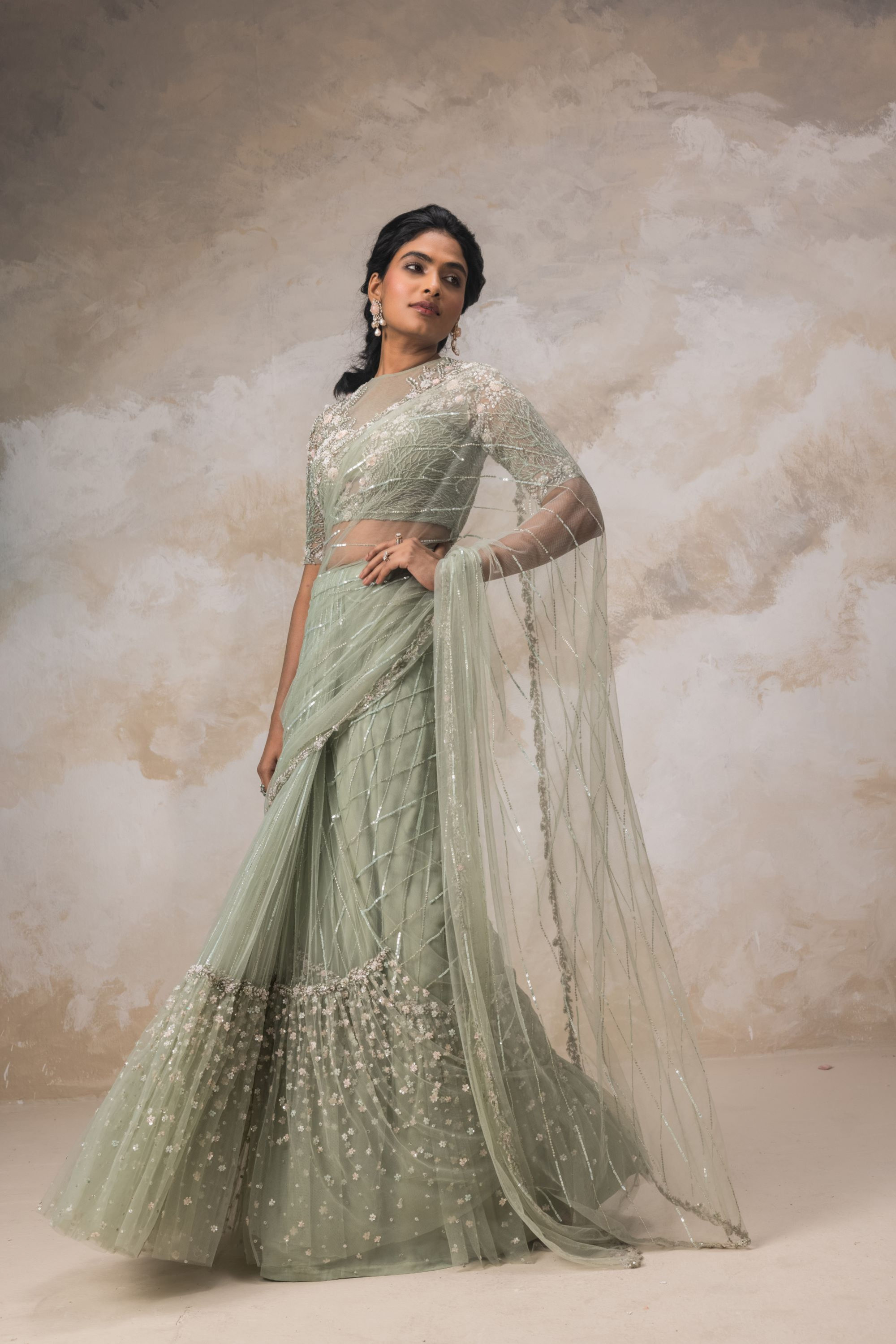 Delicate Floral Embroidered Lehenga Cum Saree