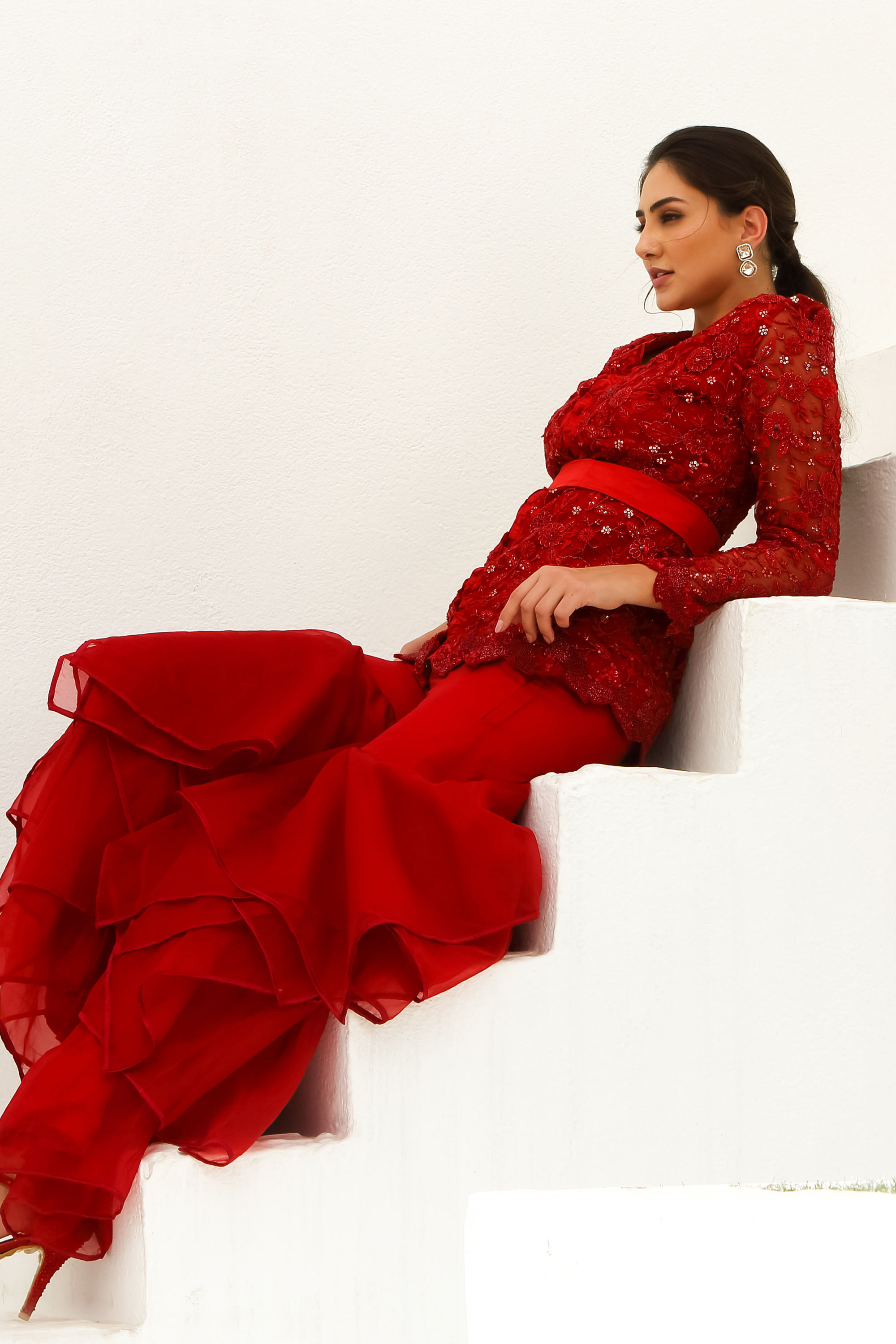 Carmine - Scarlet Red Jacket Garara Set