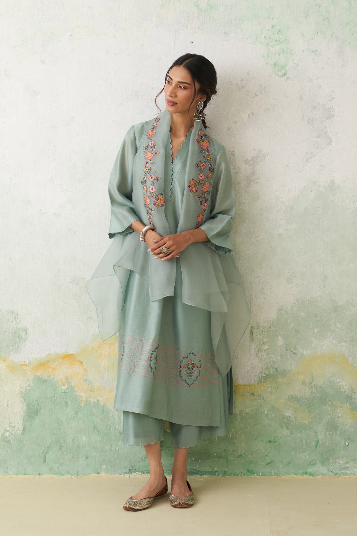 Aqua Chanderi Kashmiri Emb. Kurta Set