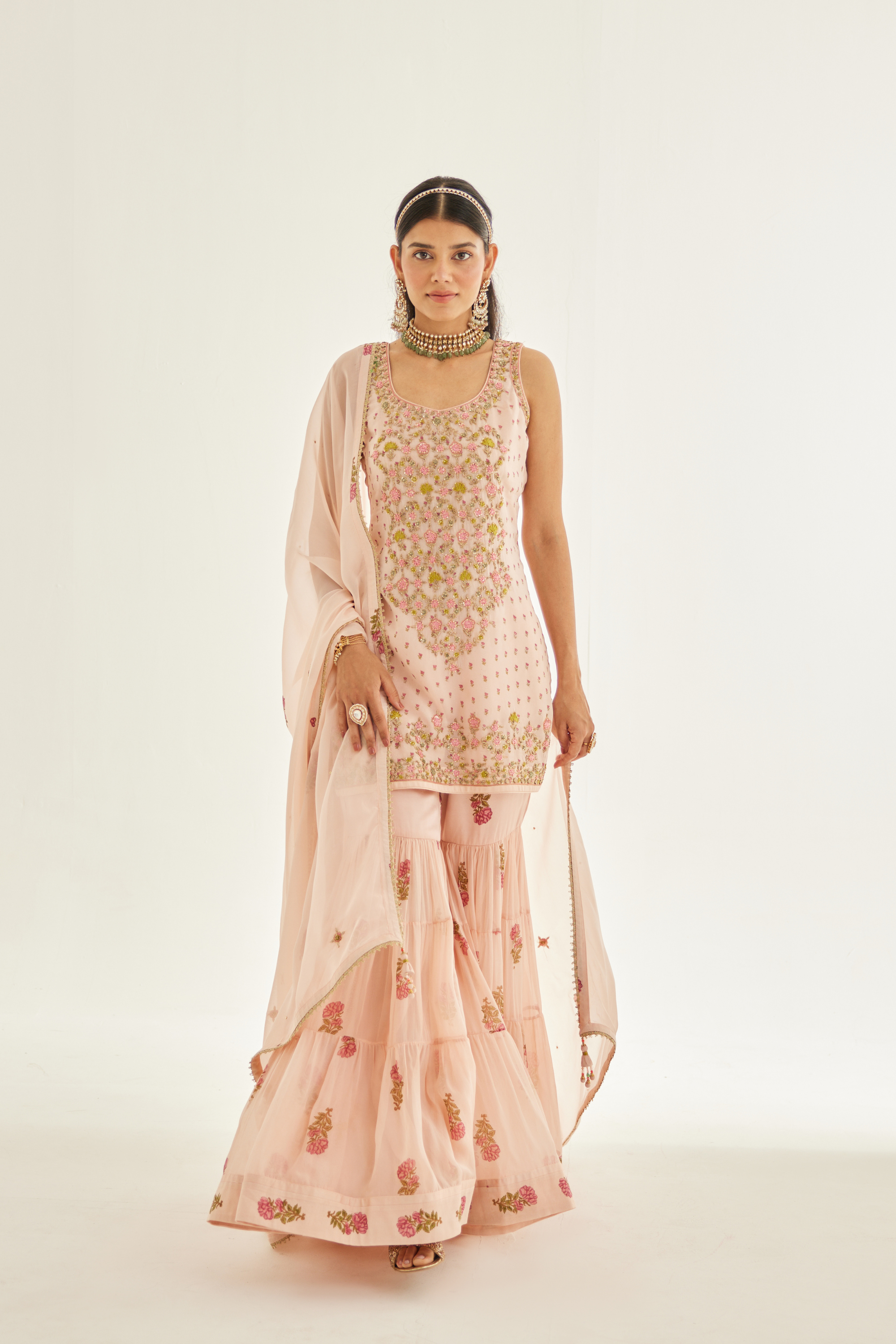 Zardozi Embroidered Hand Block Printed Organza Sleeveless Kurti And Dupatta