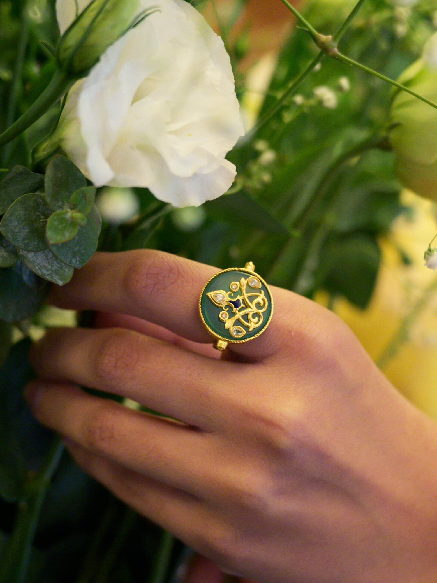 Color Blossom Signet Ring, Yellow Gold, White Gold, Onyx And