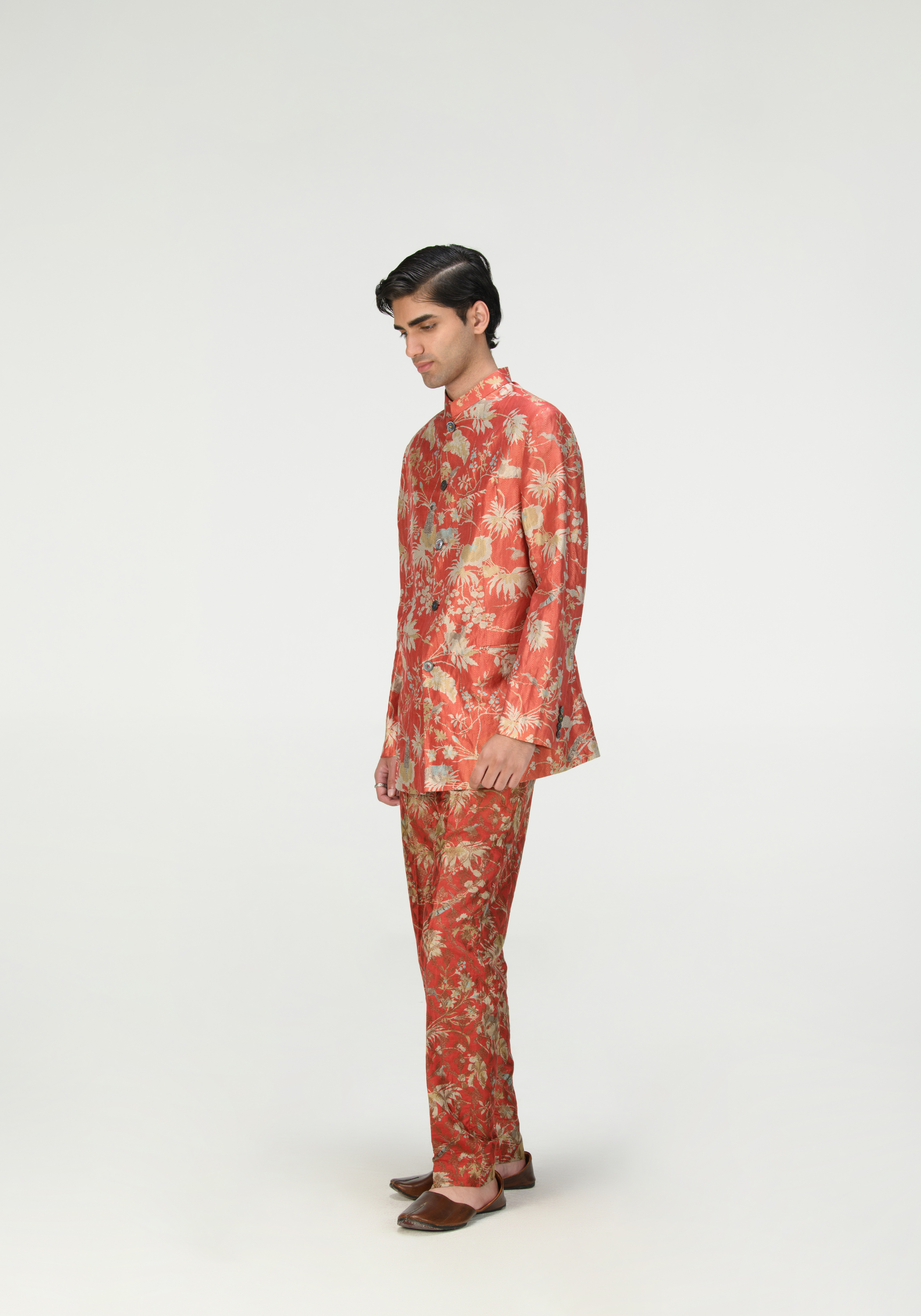 Rainforest Bandhgala Red Silk Brocade Zig Zag