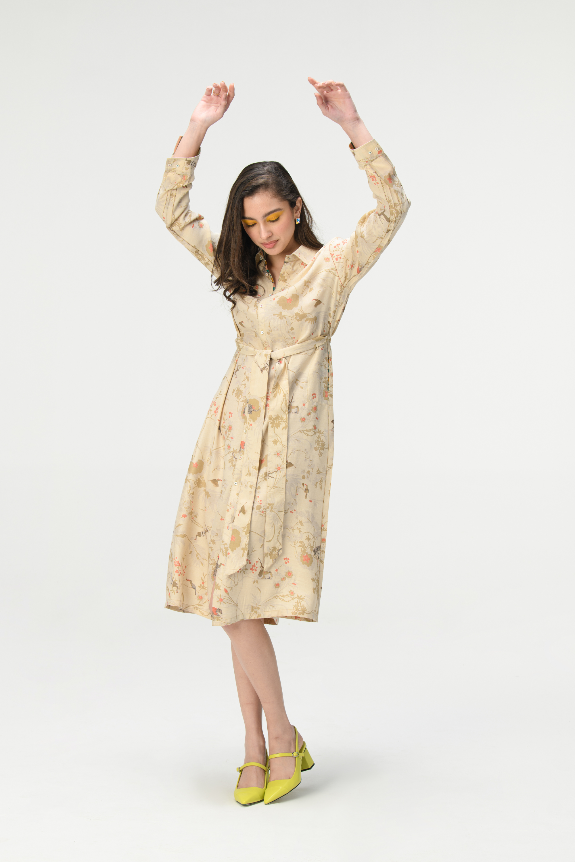 Rainforest Tie Belt Shirt Dress Ivory Muga Satin Silk