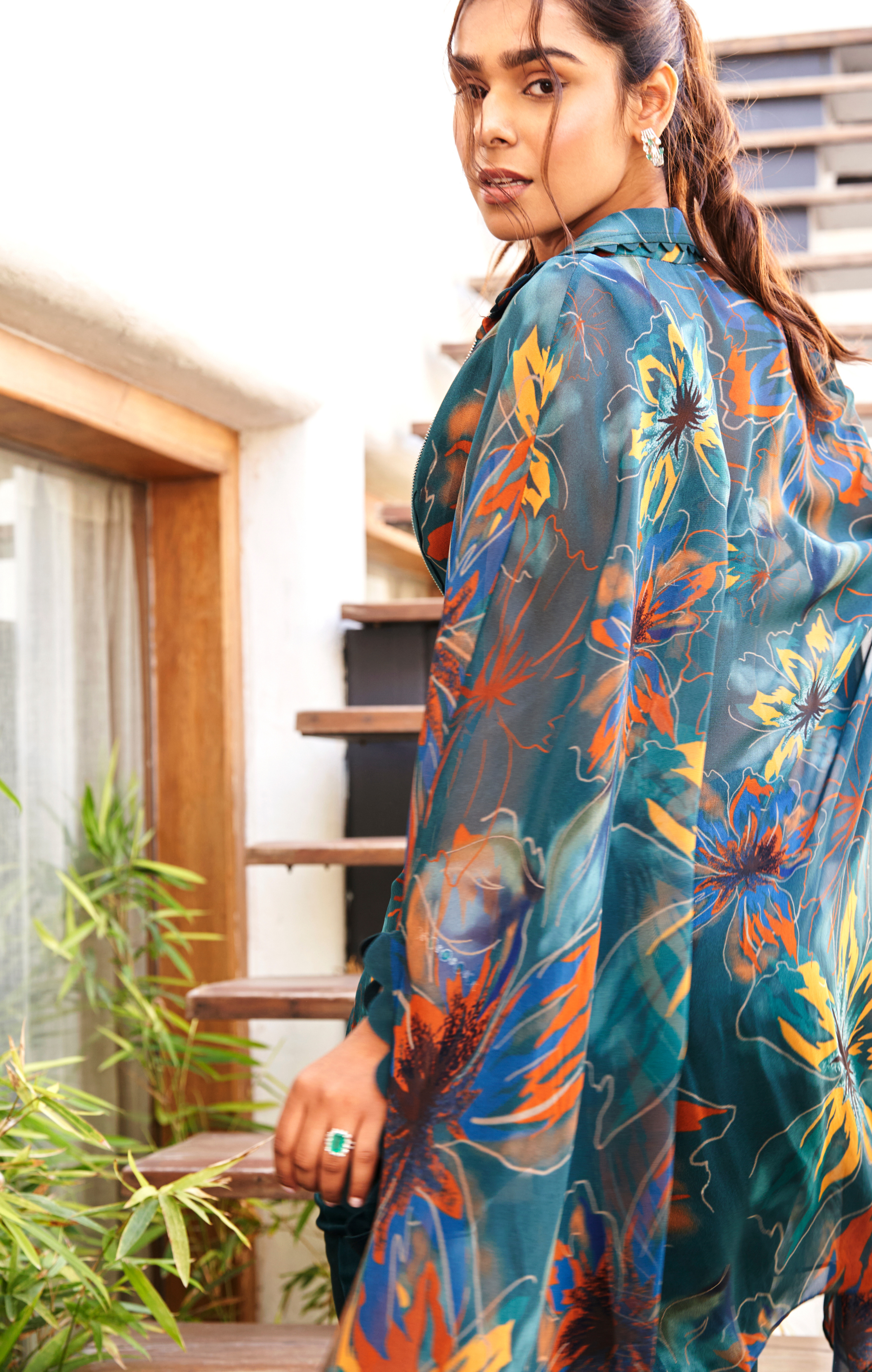 Summer Flower Teal Zipper Tunic Set