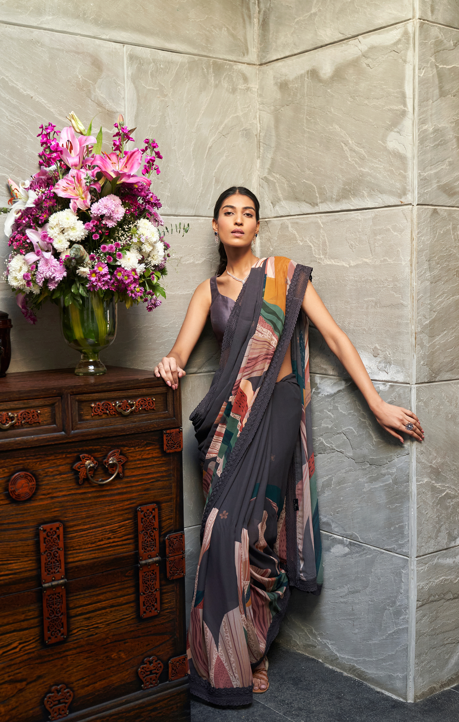 Charcoal Grey Abstract Print Saree With Blouse