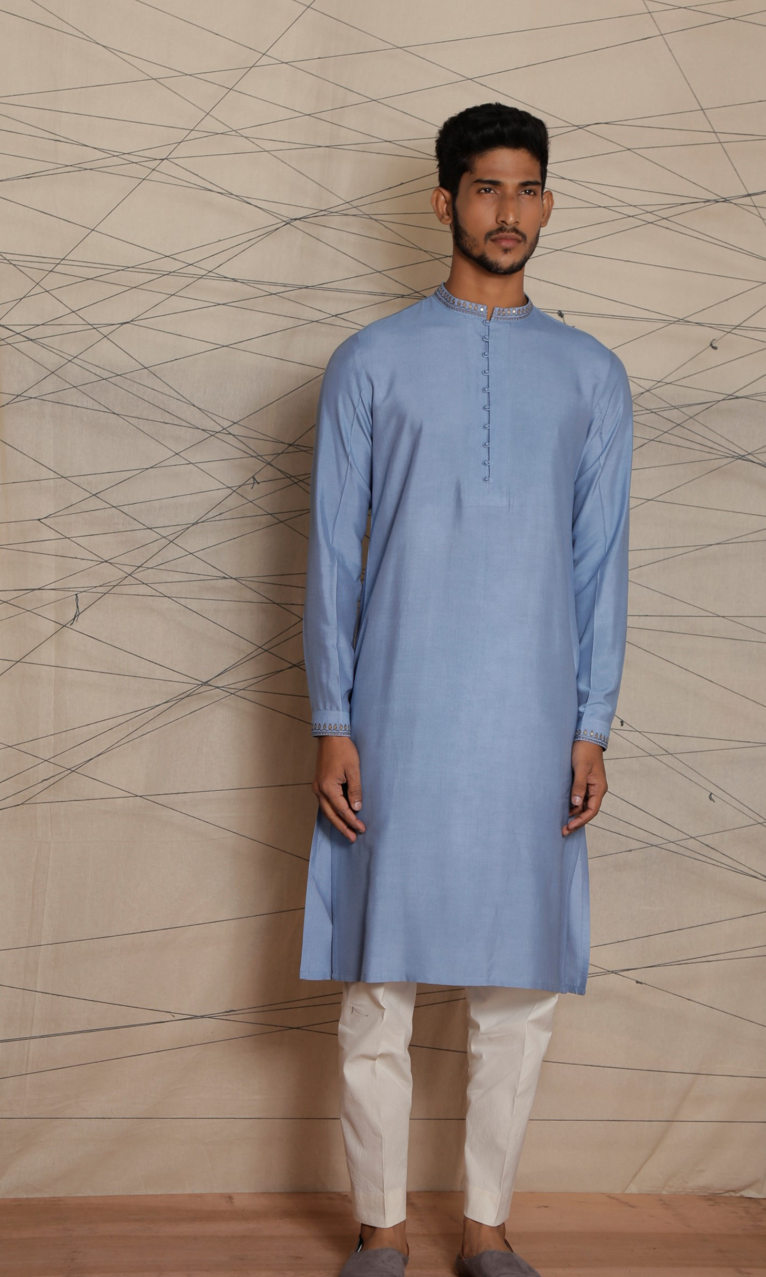 Powder blue kurta with potli buttons and emb detail on collar and cuffs
