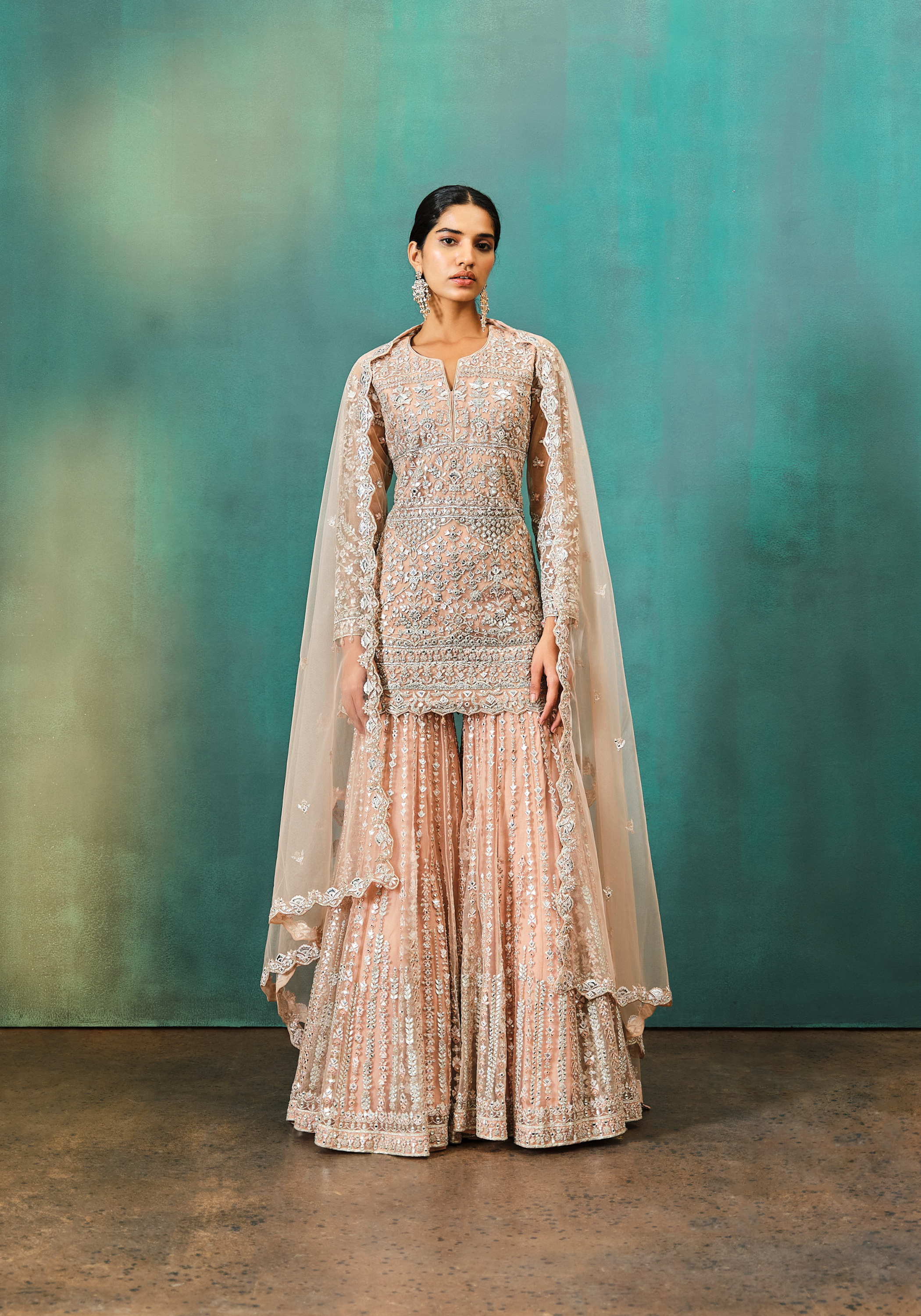 Nude Foil Applique Net Kurta Sharara