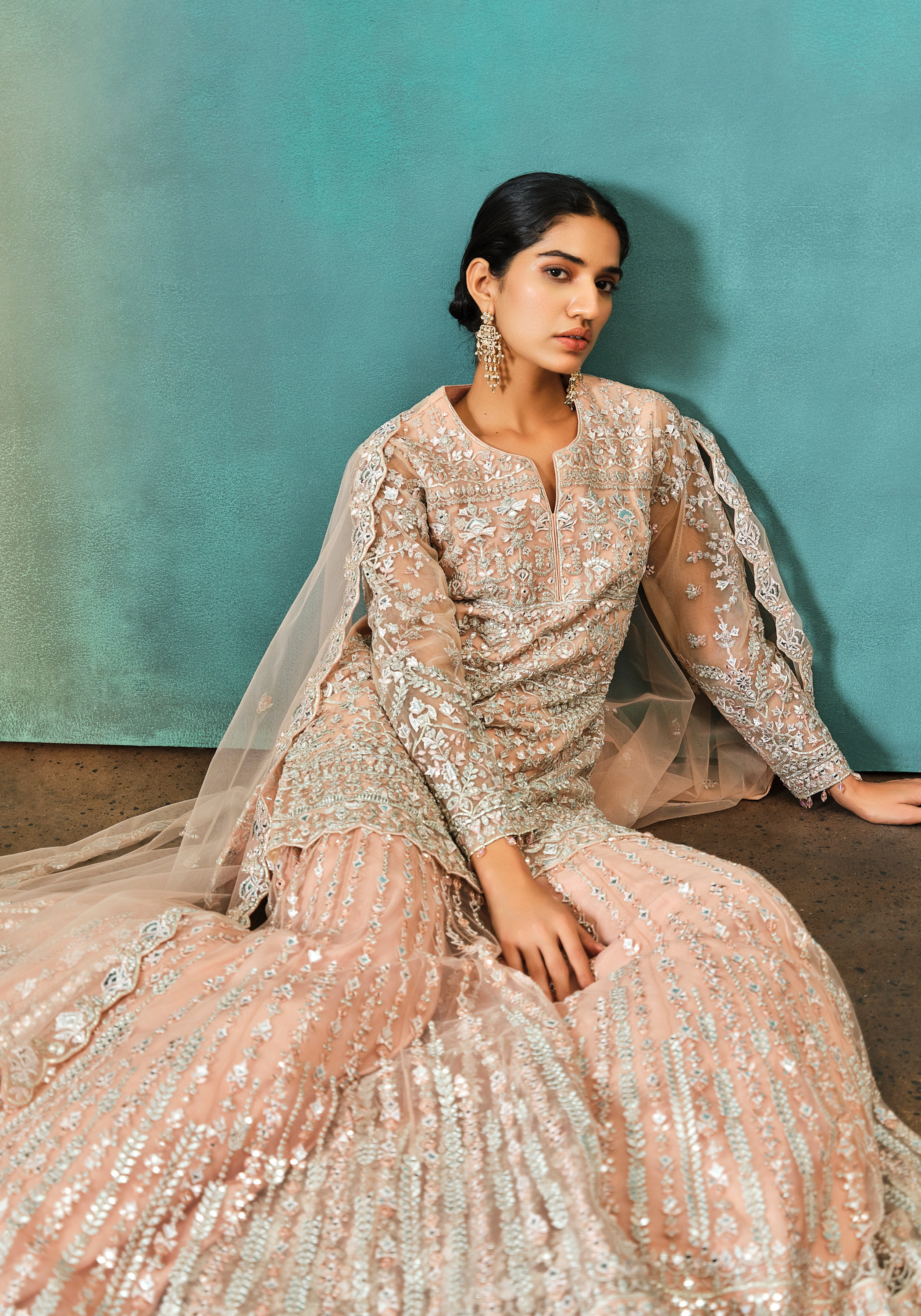 Nude Foil Applique Net Kurta Sharara