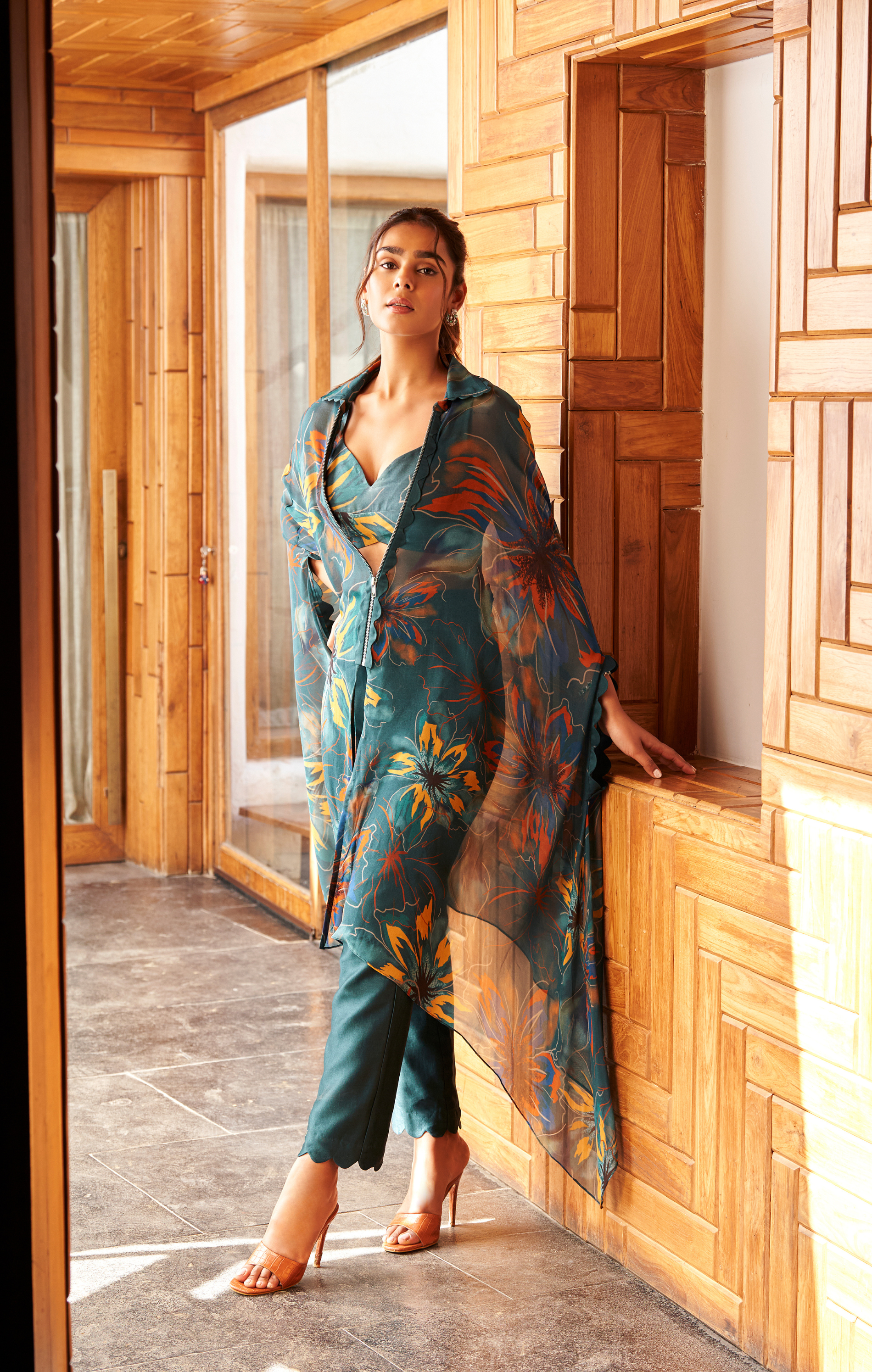 Summer Flower Teal Zipper Tunic Set
