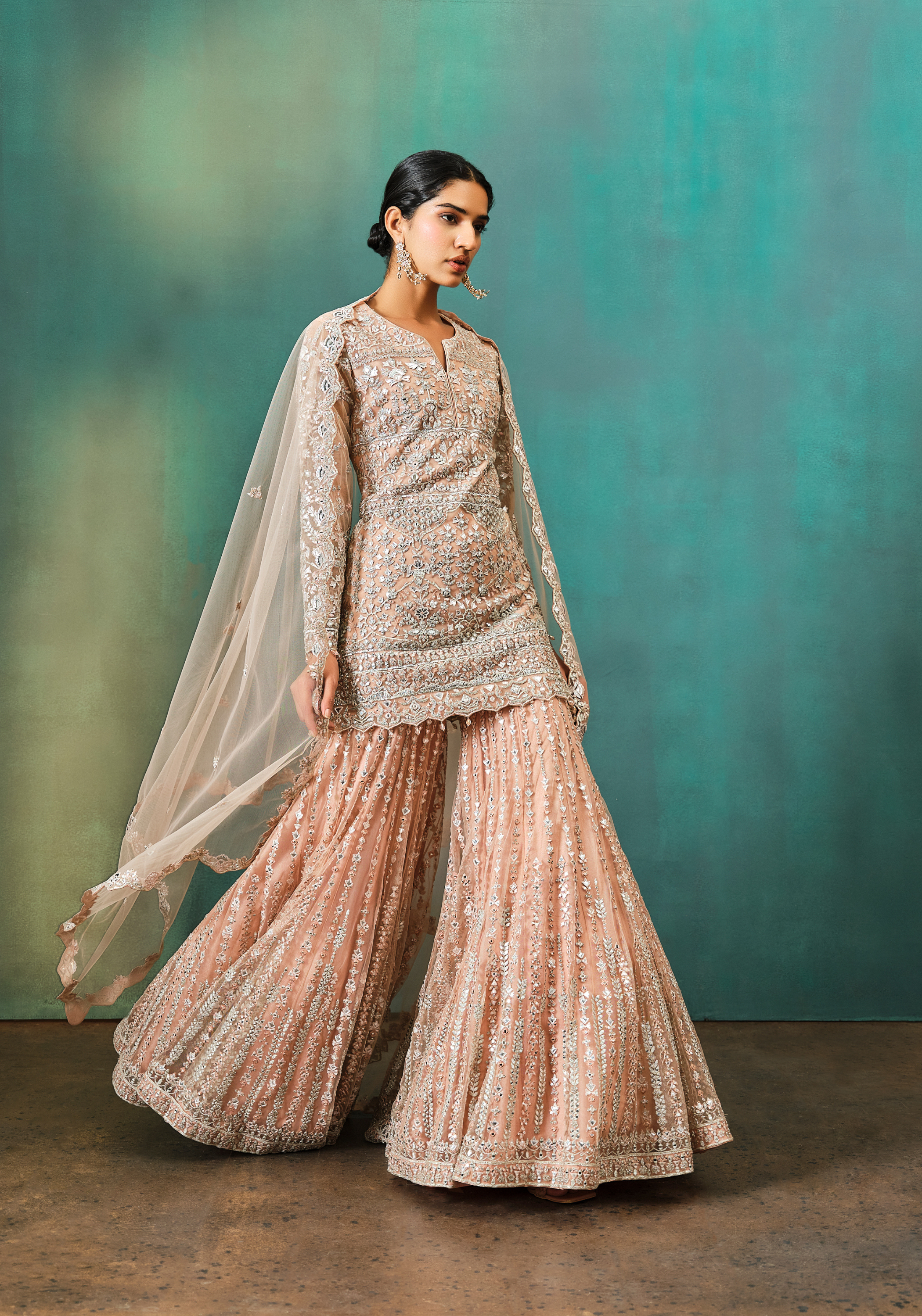 Nude Foil Applique Net Kurta Sharara