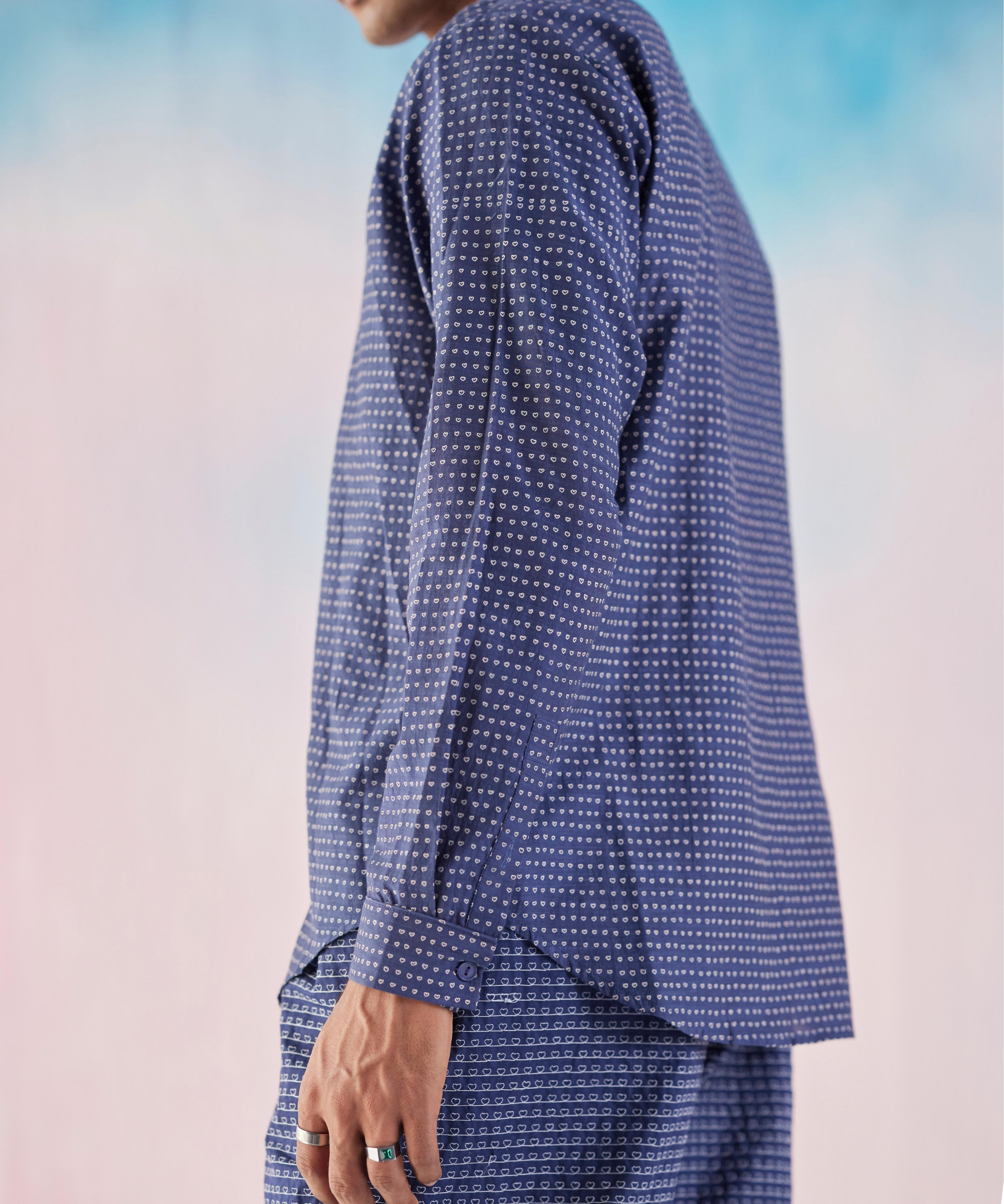 Blue Indigo Small Heart Print Cuban Full Sleeve Shirt