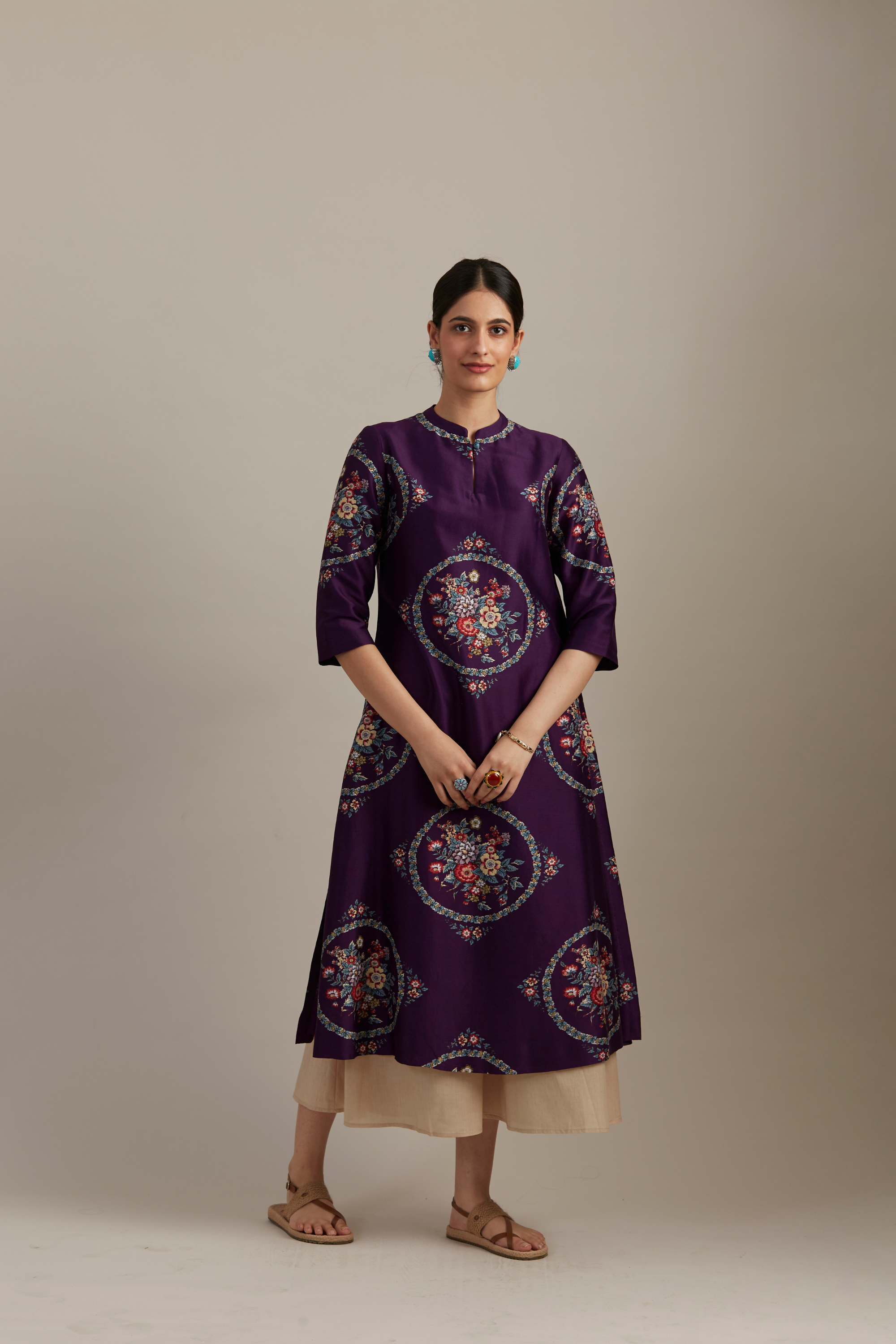 Eggplant Silk Chanderi Bloomcycle Printed Kurta