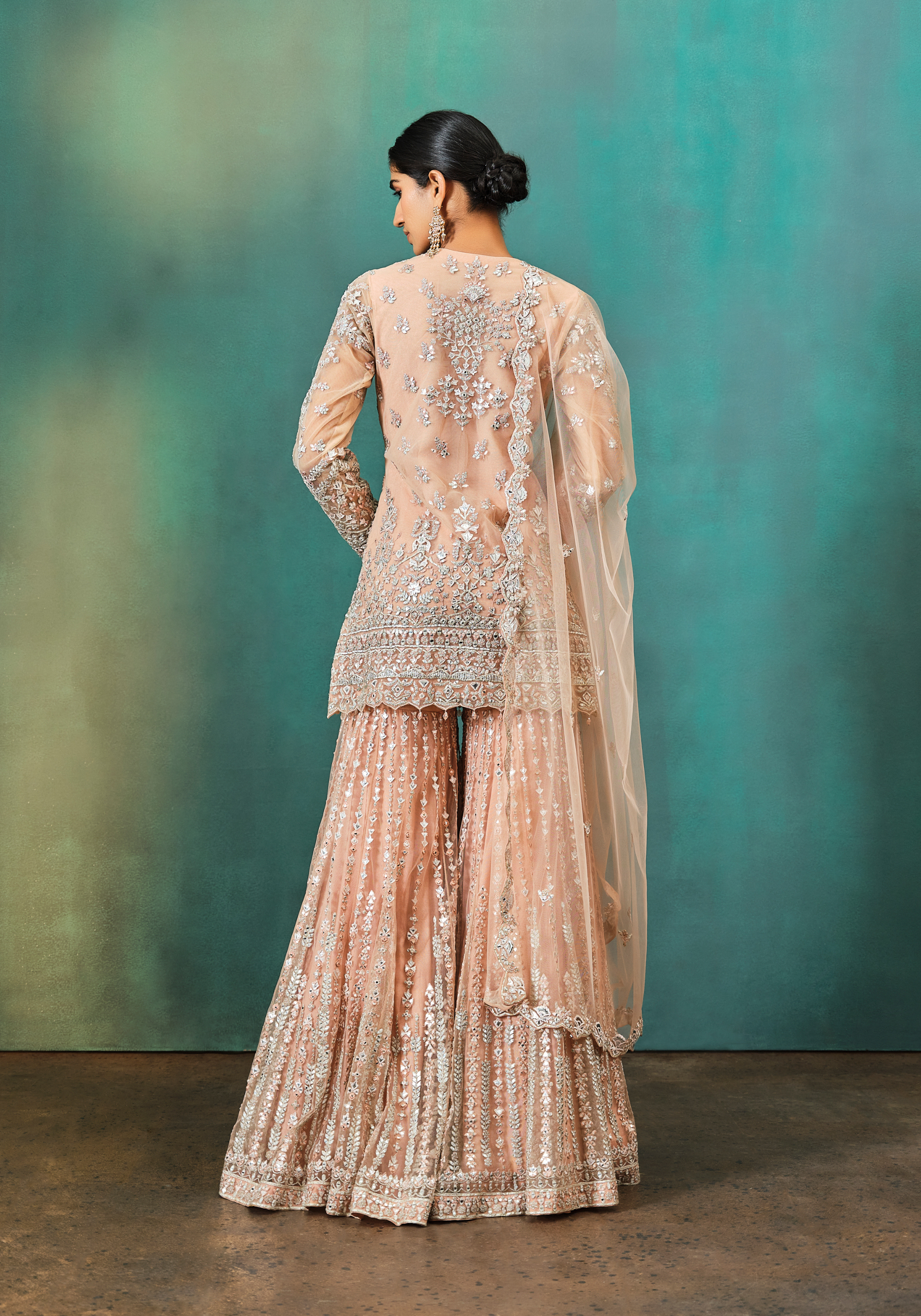 Nude Foil Applique Net Kurta Sharara