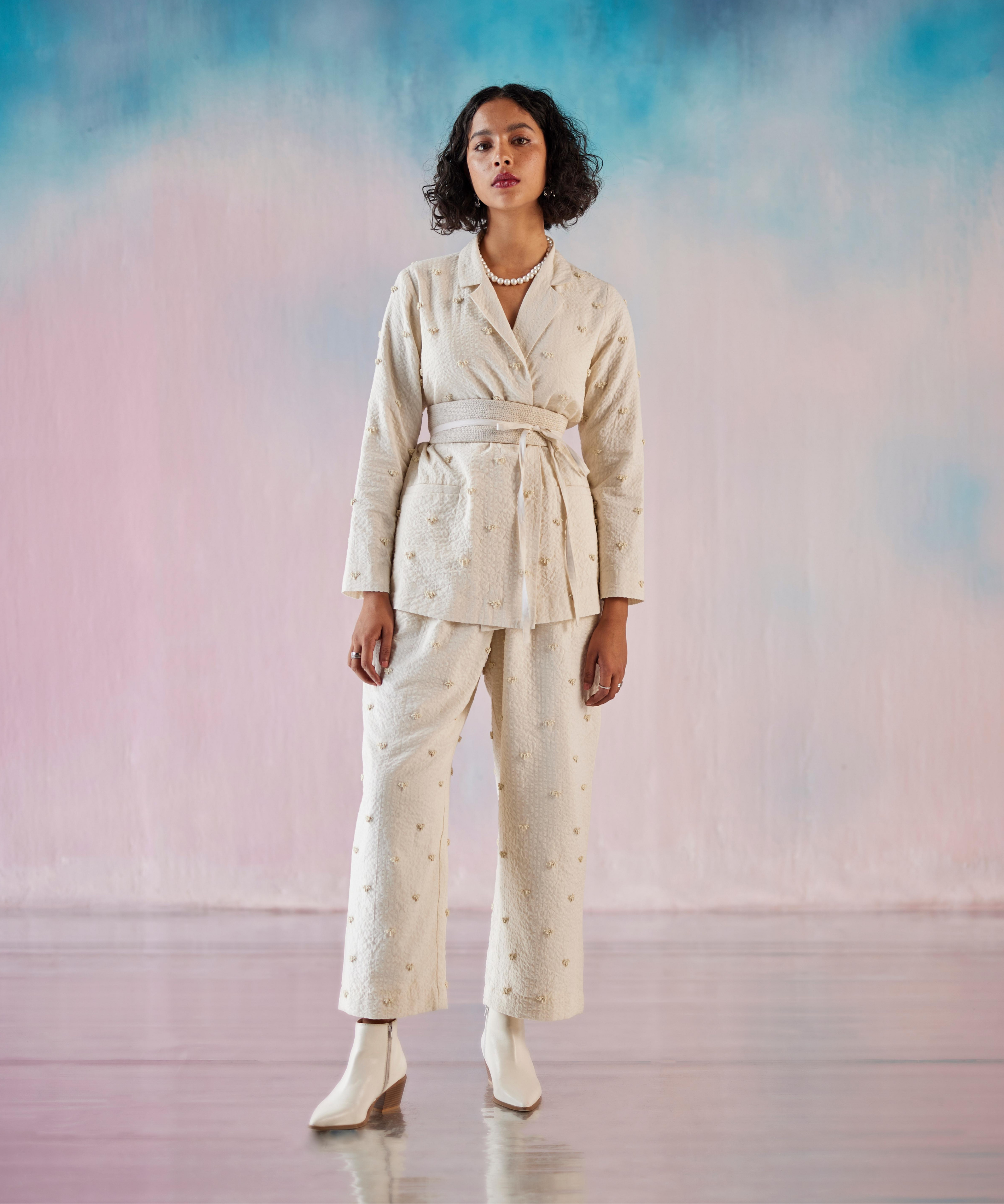 Seer Sucker White Foam Heart Emb Jacket And Pant Set