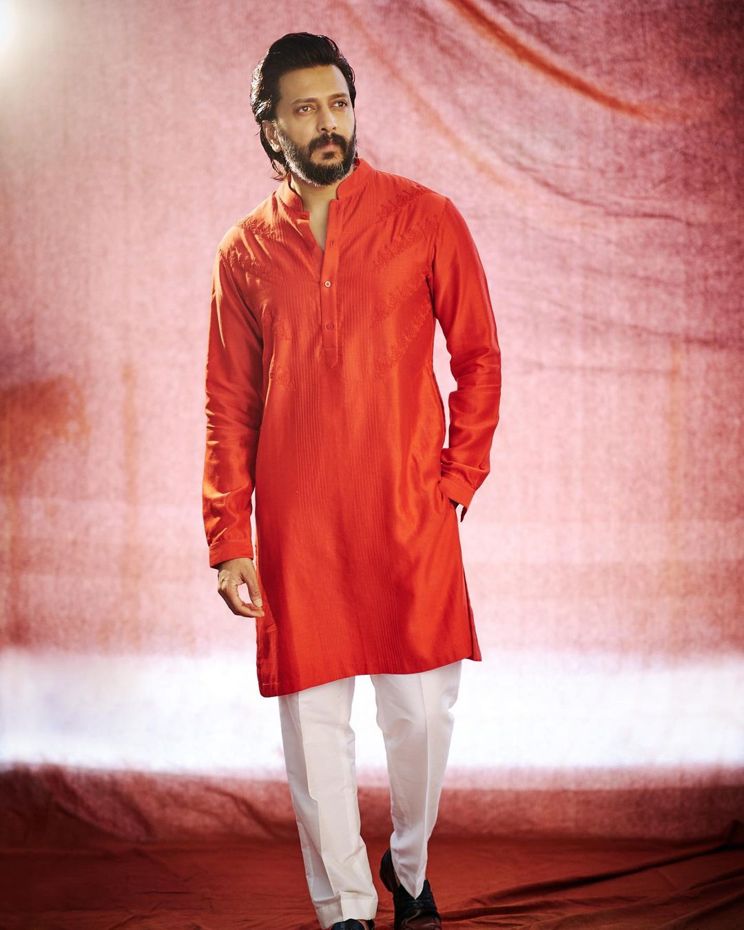 Red Self Embroidered Chanderi Kurta Set