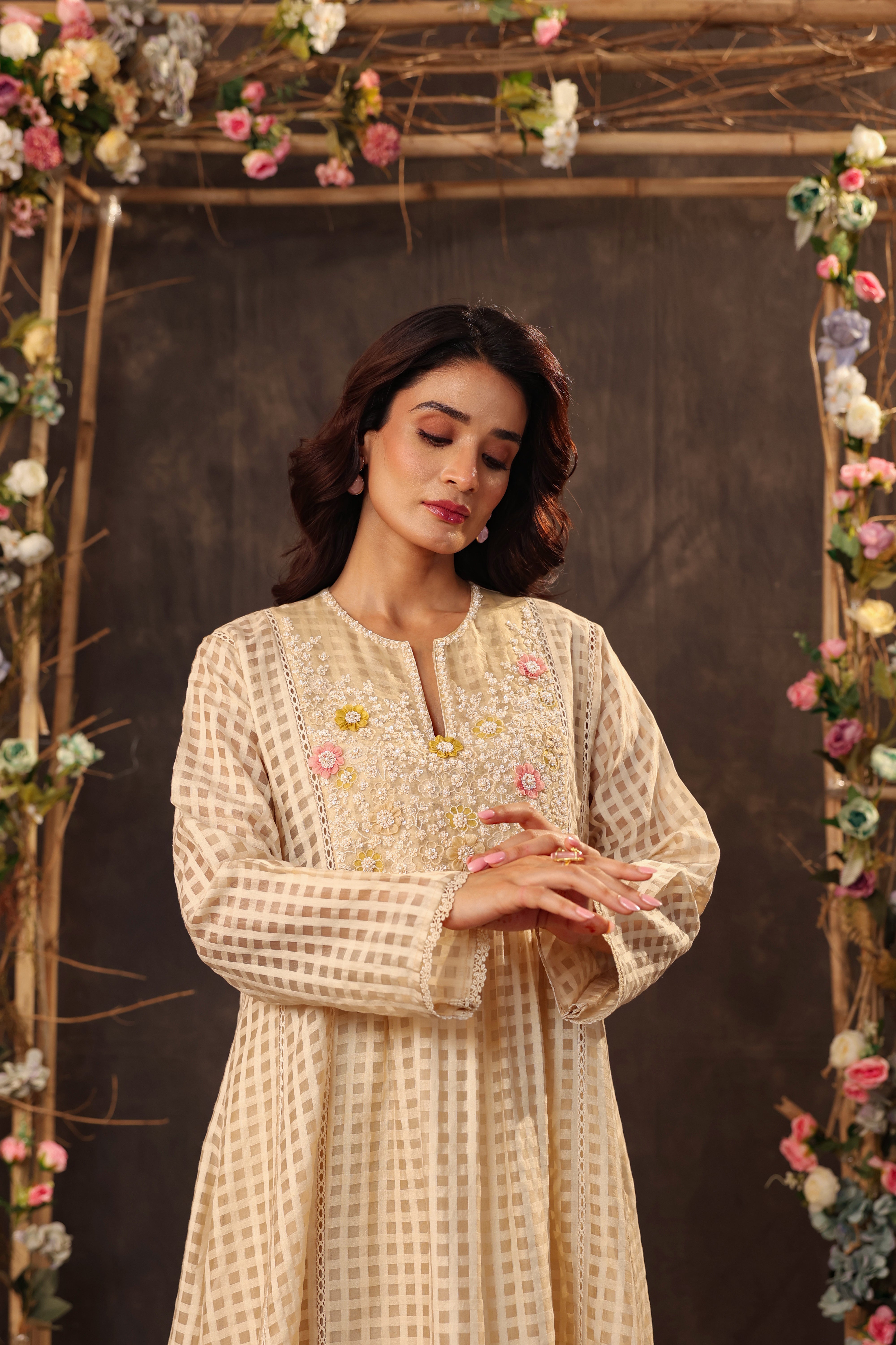 Vaayu Beige Panelled Kalidar Set