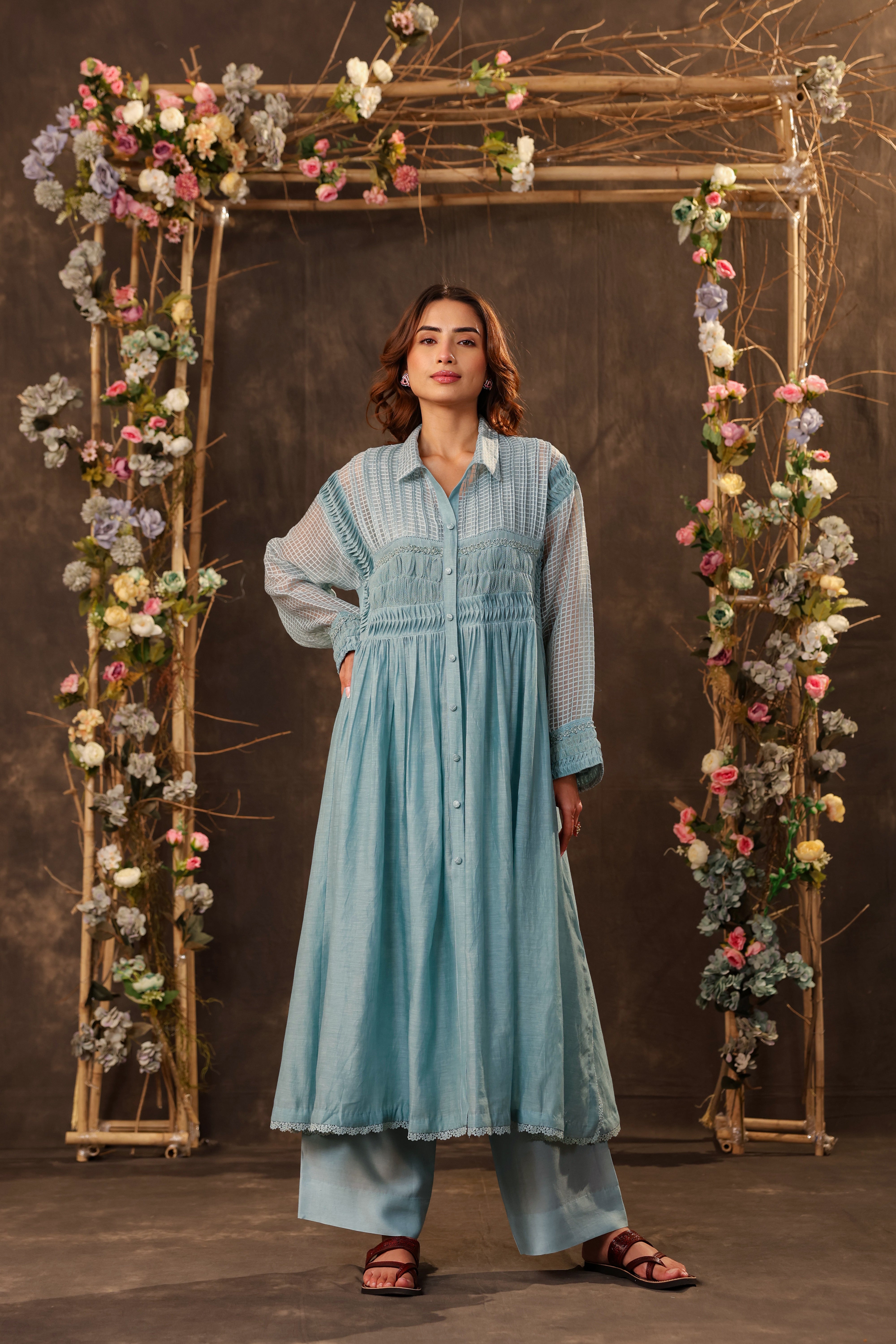 Vaayu Light Blue Pintuck Collar Kurta Set
