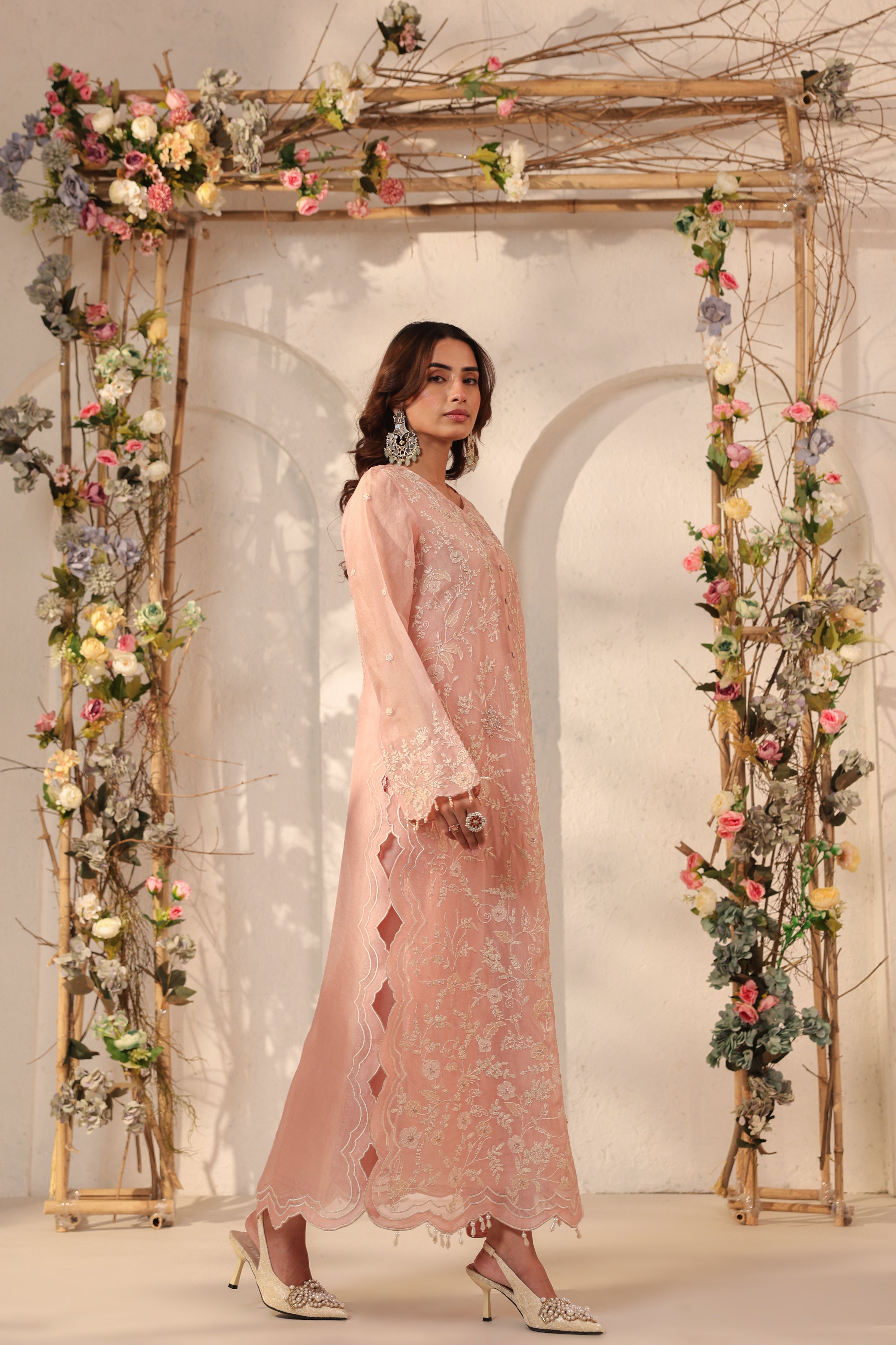 Vaayu Light Pink Heavy Jaal Scallop Kurta Set