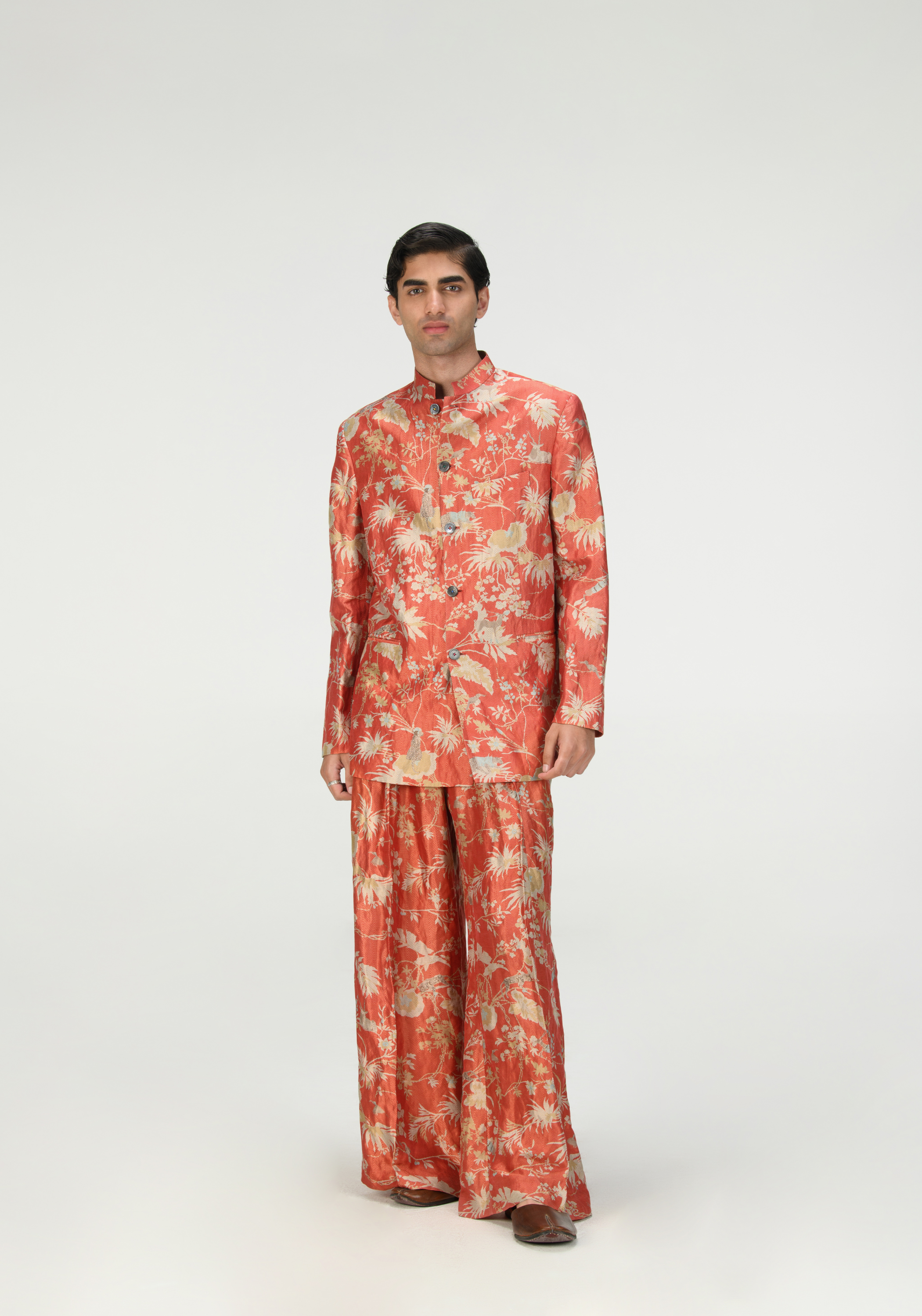Rainforest Bandhgala Red Silk Brocade Zig Zag