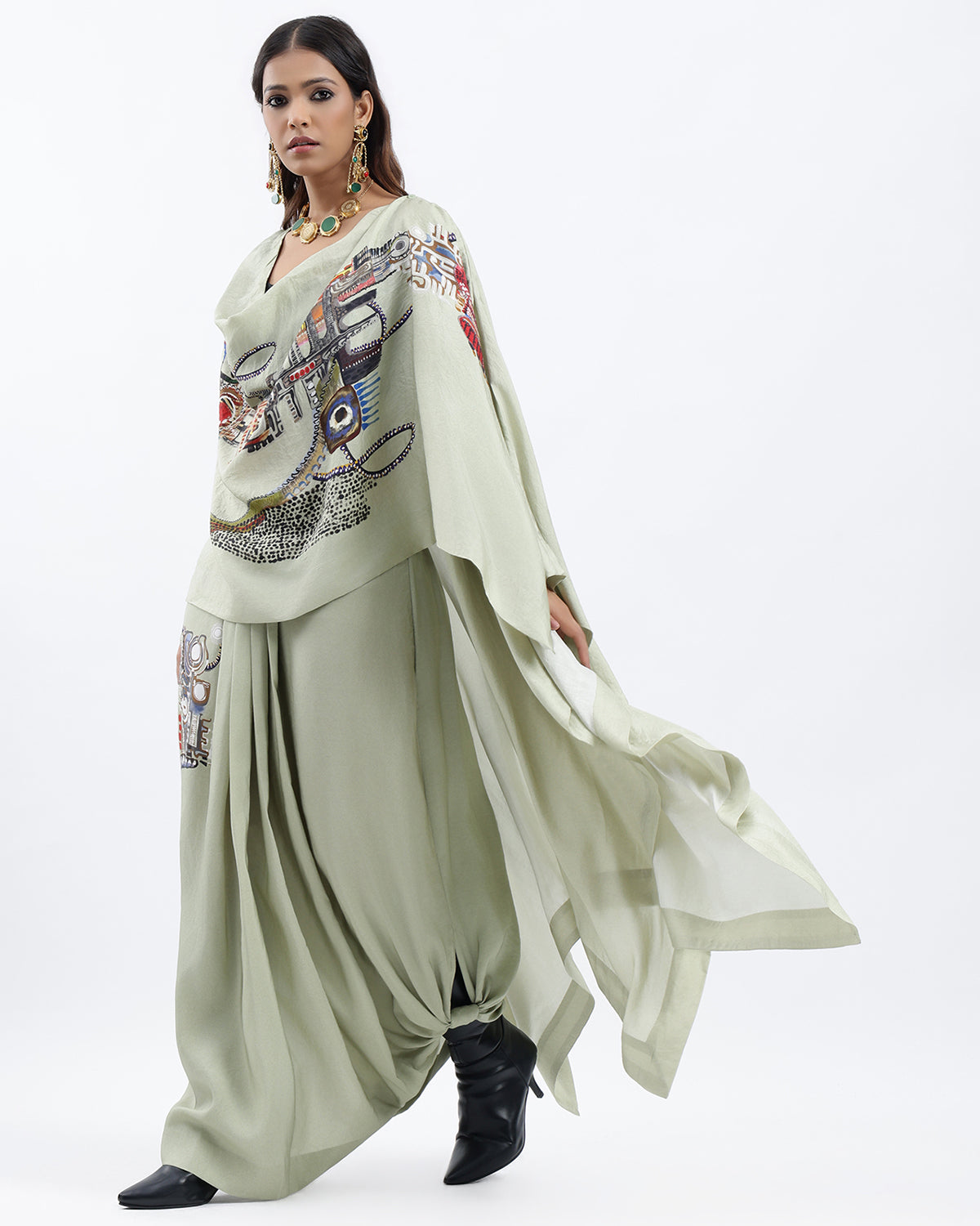 Cape With Lungi Skirt And Crop Top