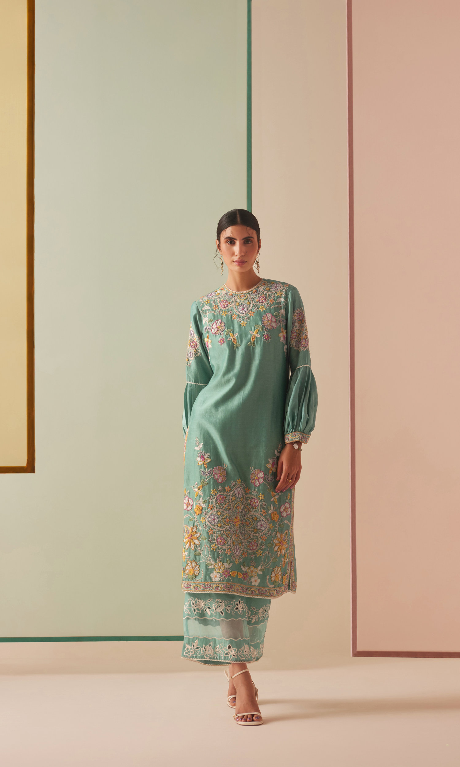 Aqua contrast embroidered kurta with cutwork pants