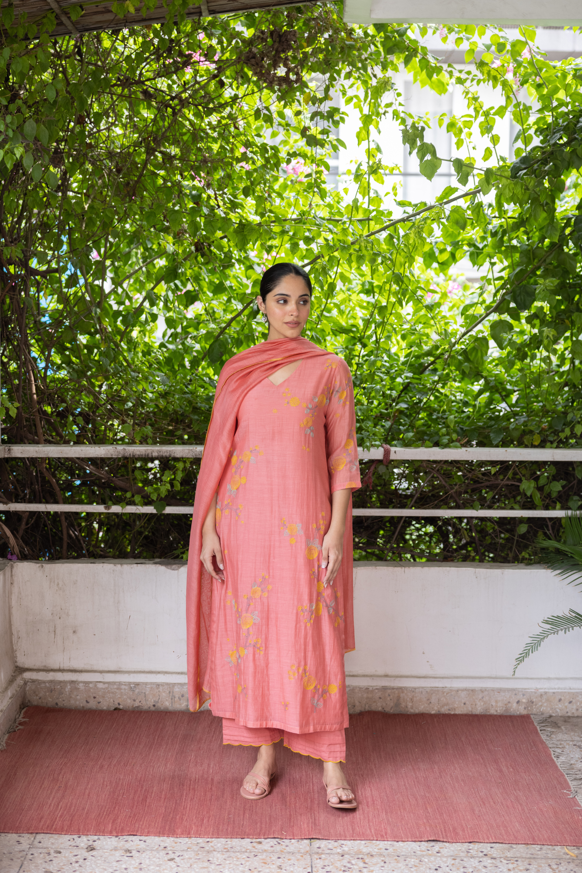 Apricot Thread Work Kurta Set
