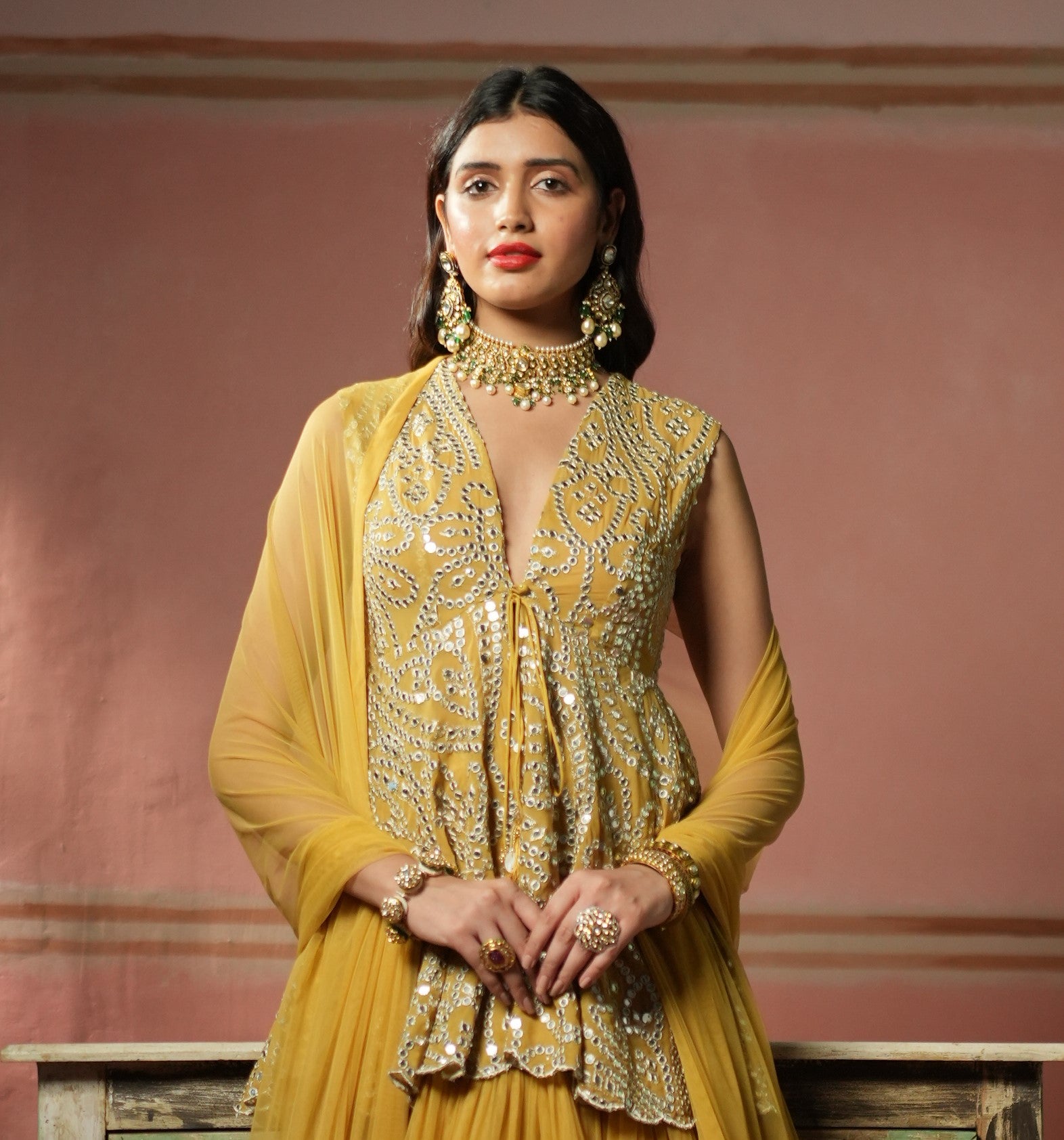 Golden Yellow Net Mirrorwork Dupatta