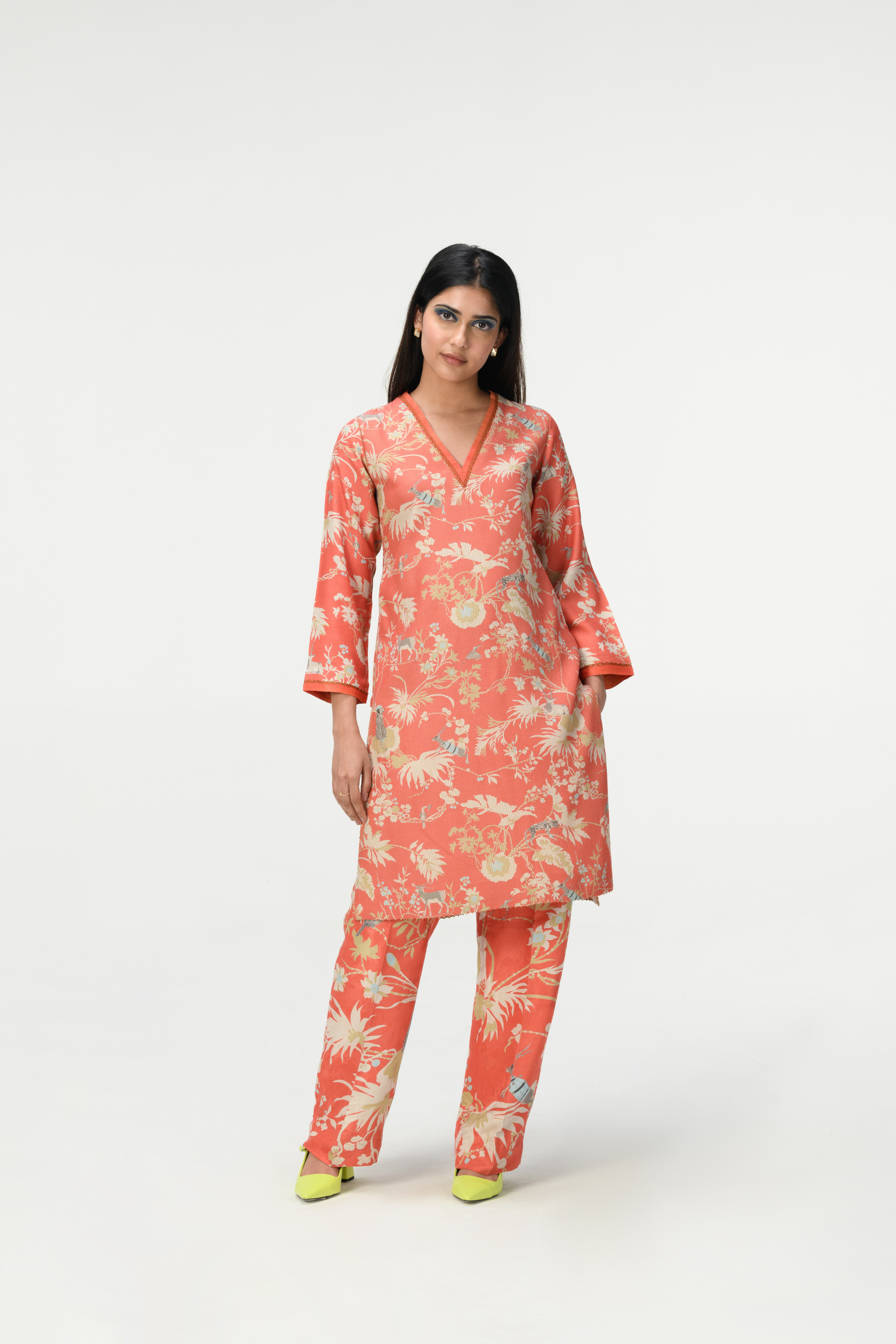 Rainforest Roshan V Neck Kurta Coral Muga Satin Silk