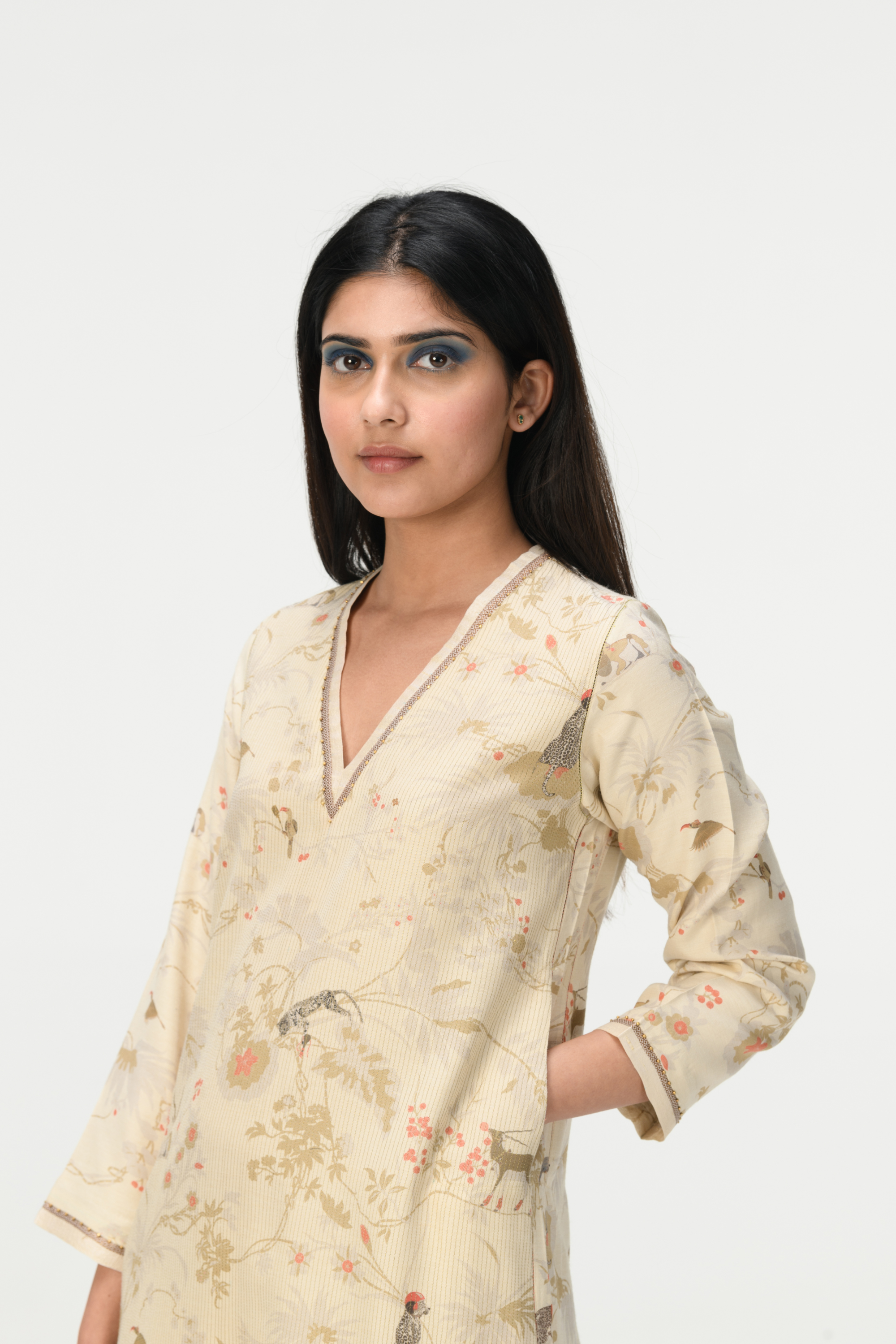 Rainforest Roshan V Neck Kurta Ivory Muga Satin Silk