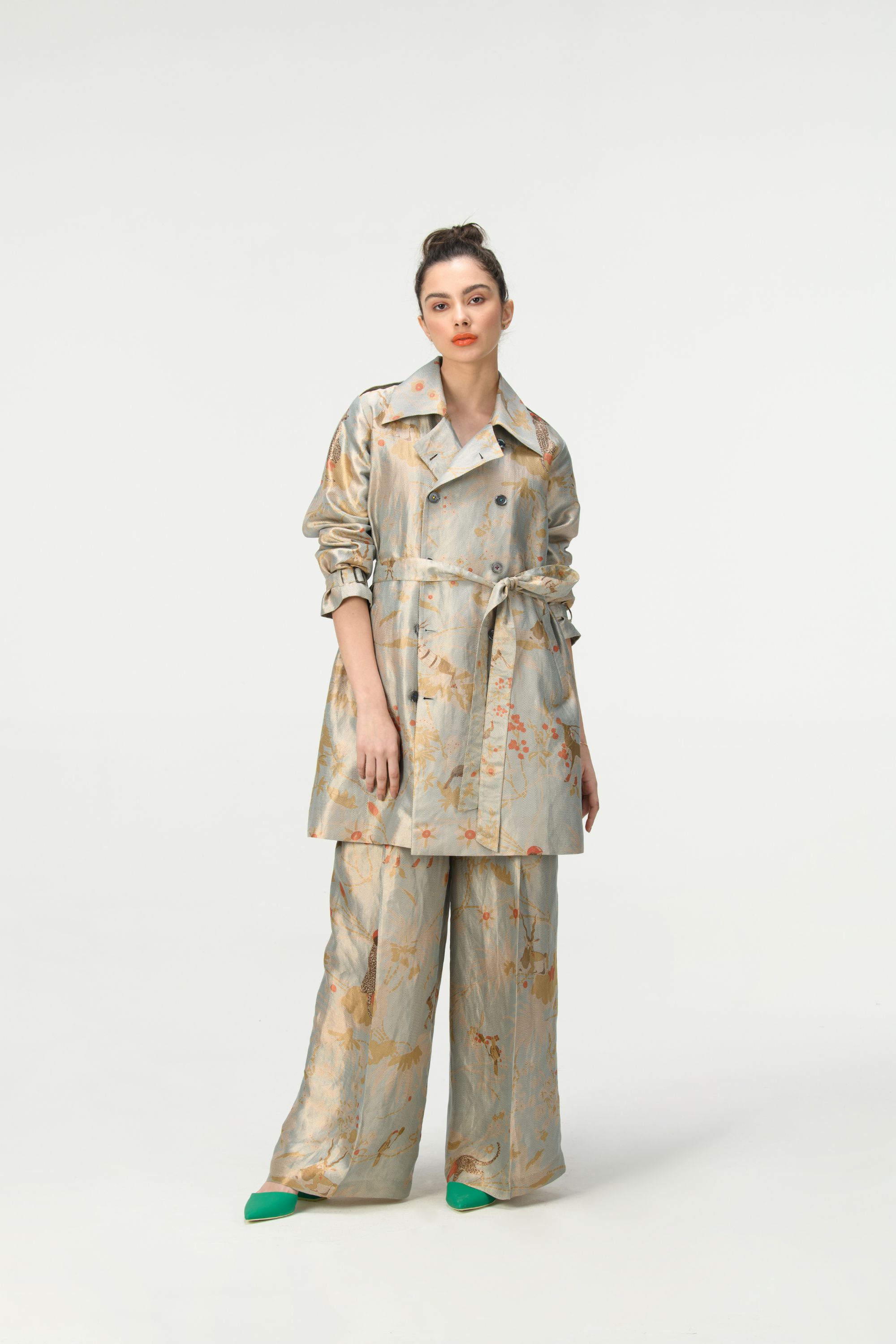 Rainforest Trench Coat Ice Blue Silk Brocade Zig Zag