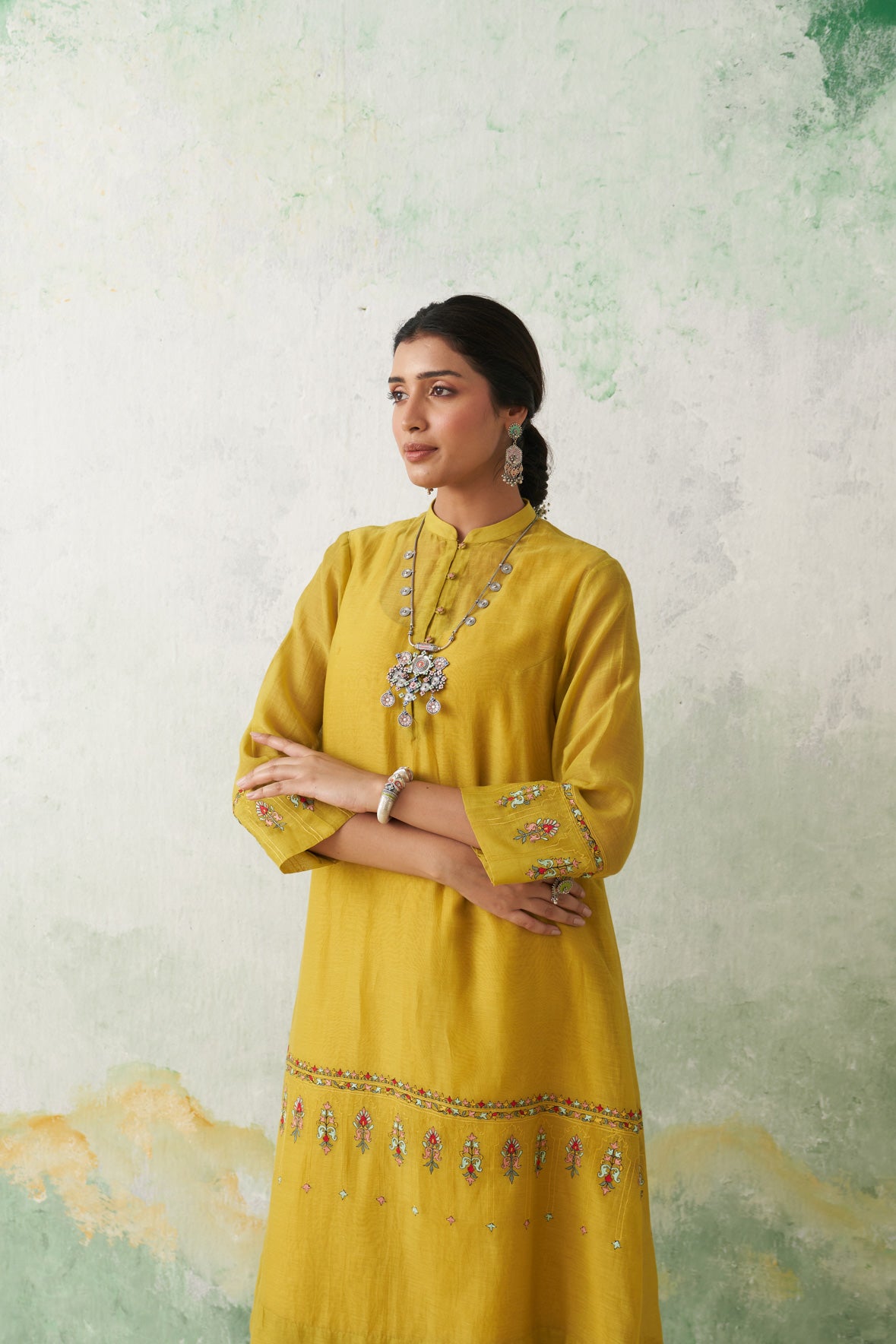 Lime Green Thin Chanderi Multicolour