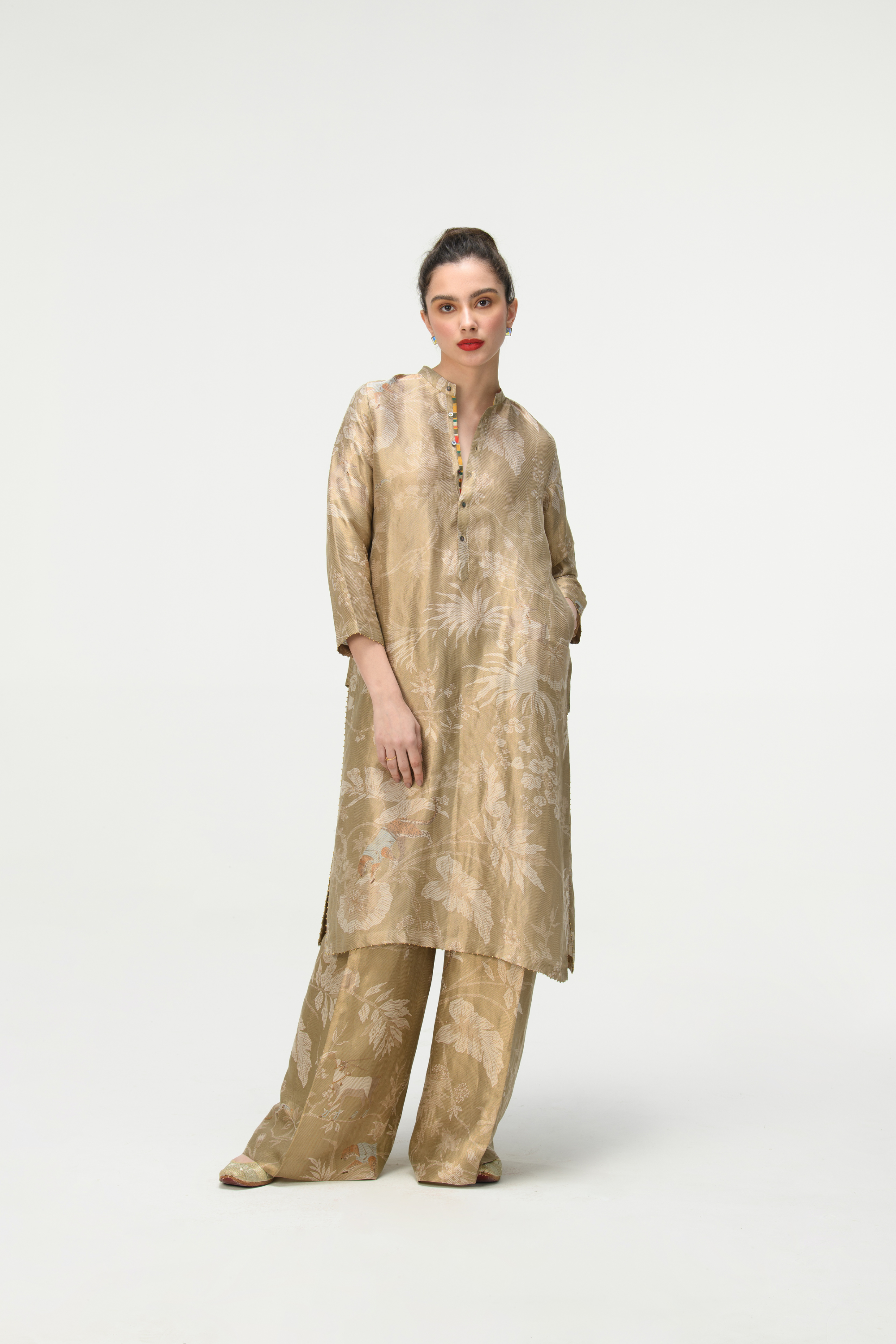 Rainforest Bade Miyan Kurta Oyster Grey Silk Brocade Zig Zag