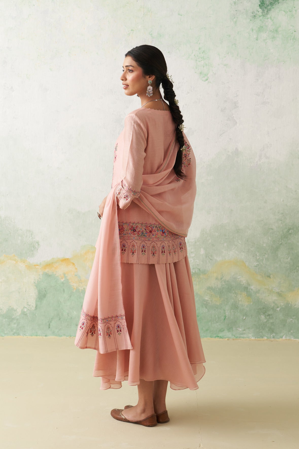 Soft Pink Chanderi Kashmiri Emb. Short Kurta