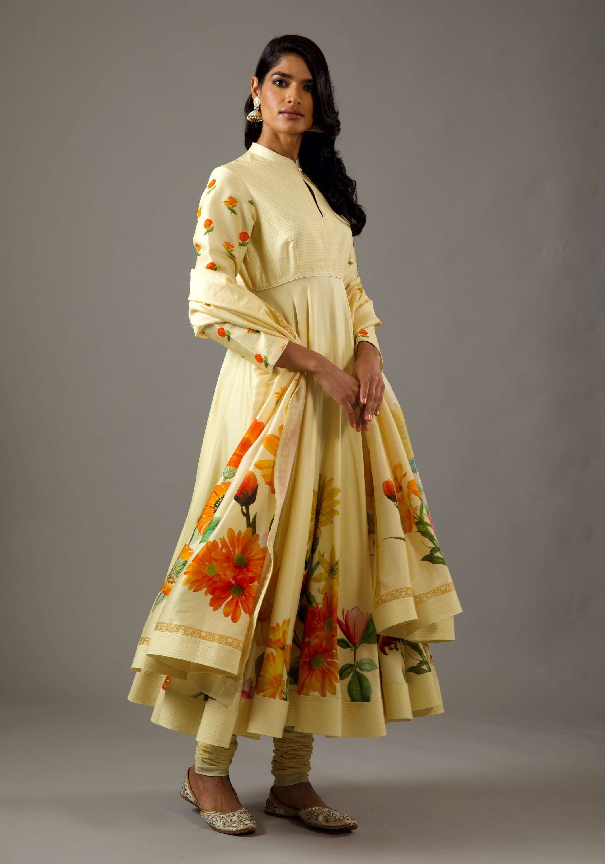 Chanderi Silk Lemon Yellow Printed Anarkali Set