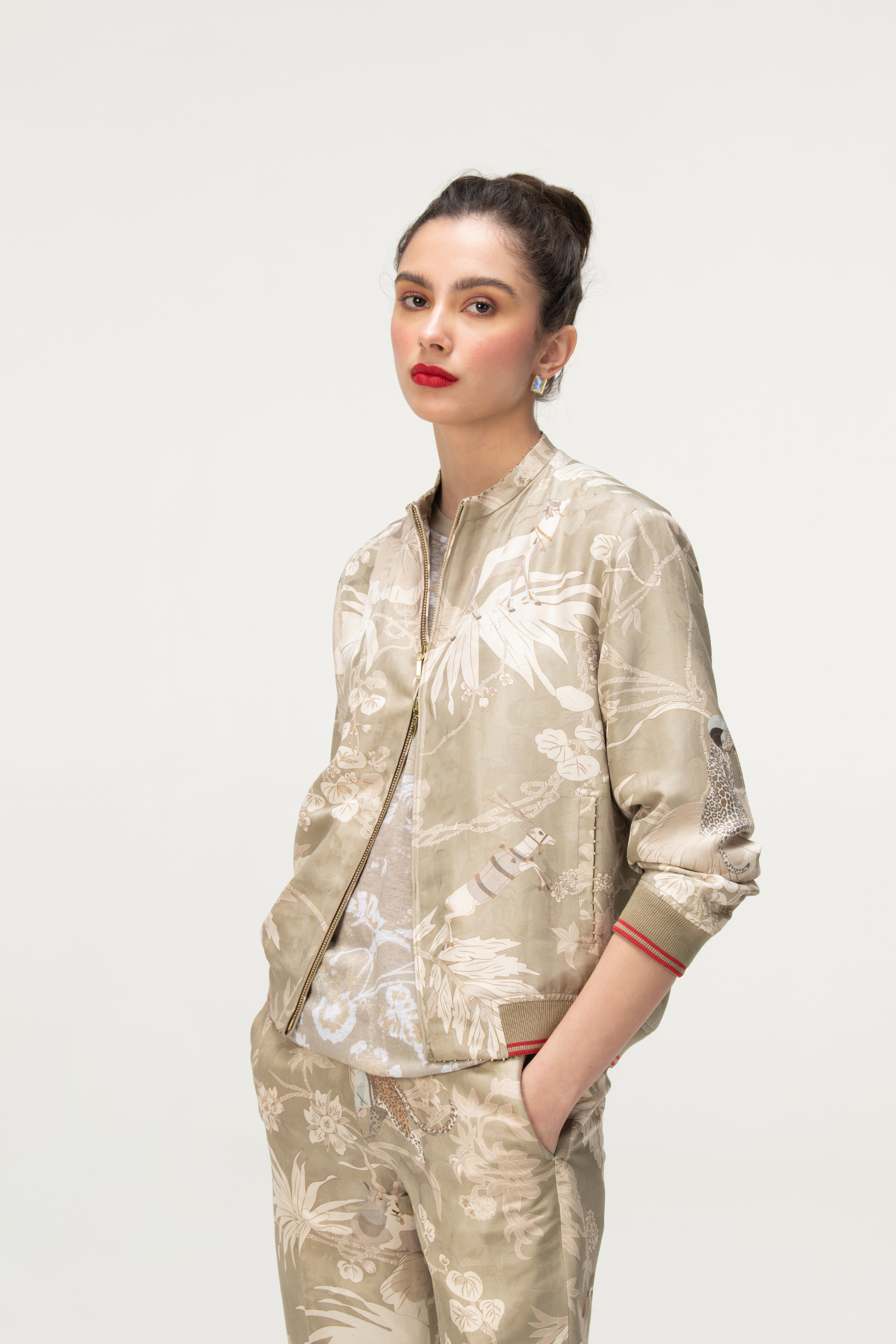 Rainforest Janbaaz Bomber Jacket Oyster Grey Silk Damask