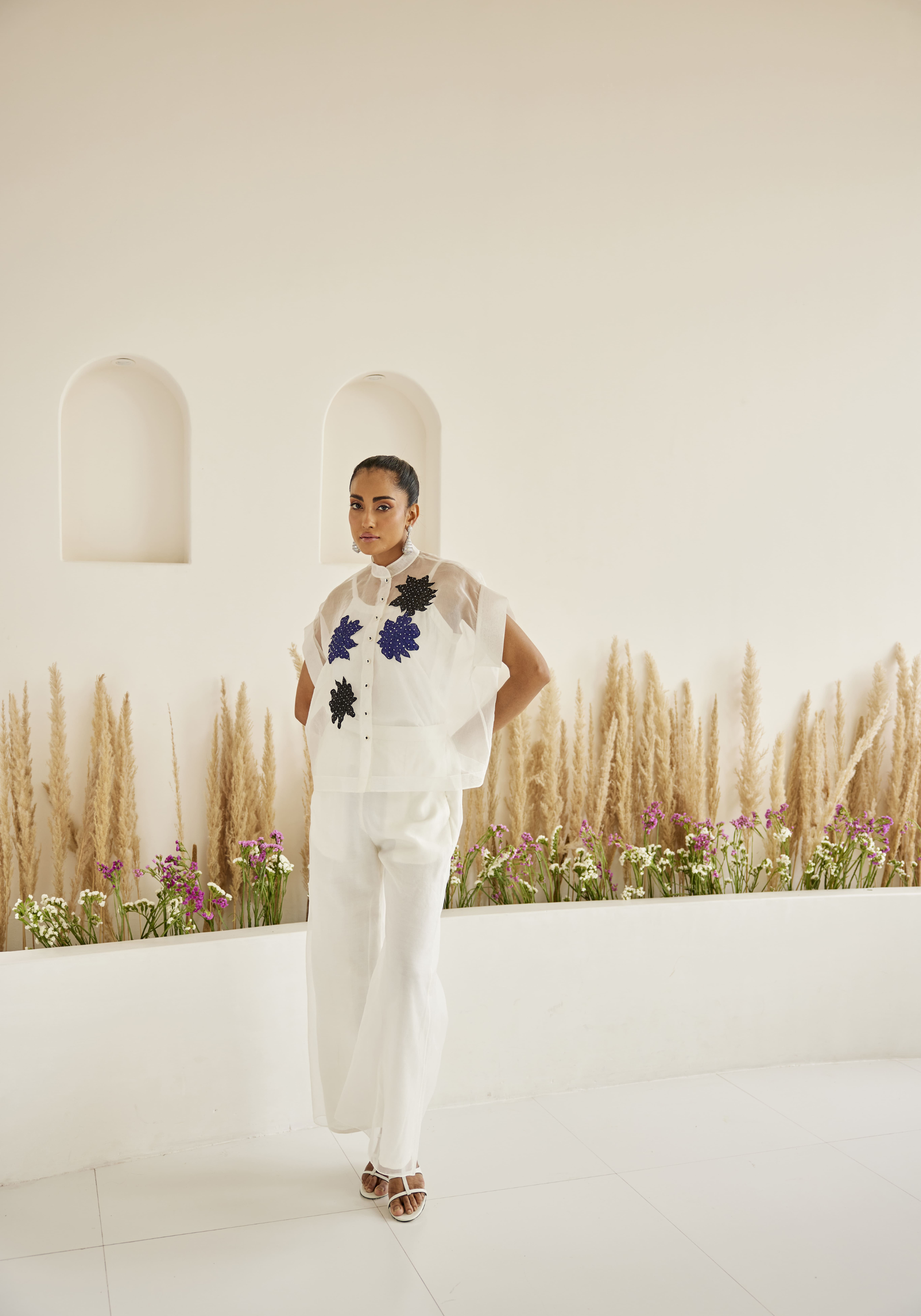Organza Bandhani Applique Cap Sleeves Top