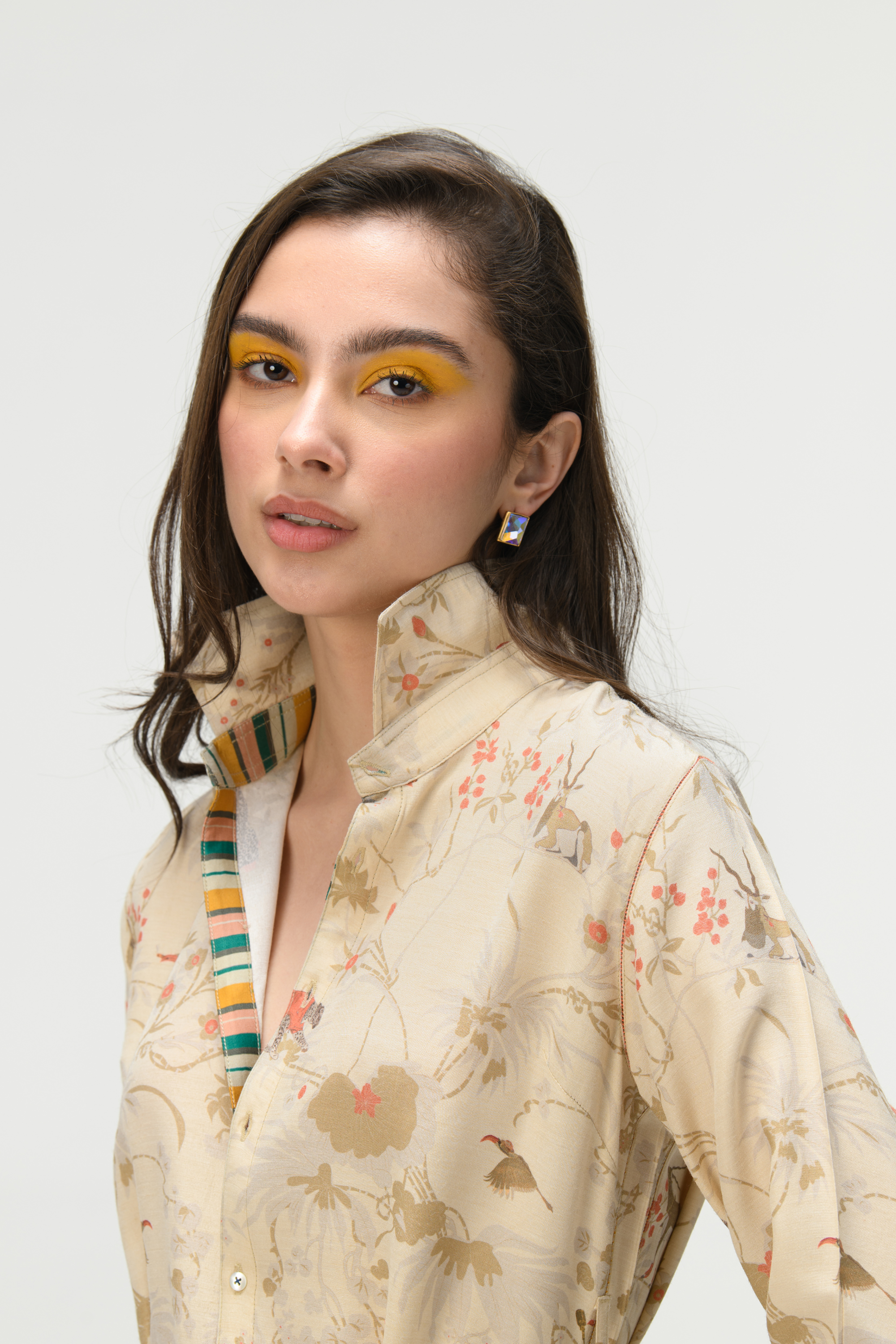 Rainforest Tie Belt Shirt Dress Ivory Muga Satin Silk