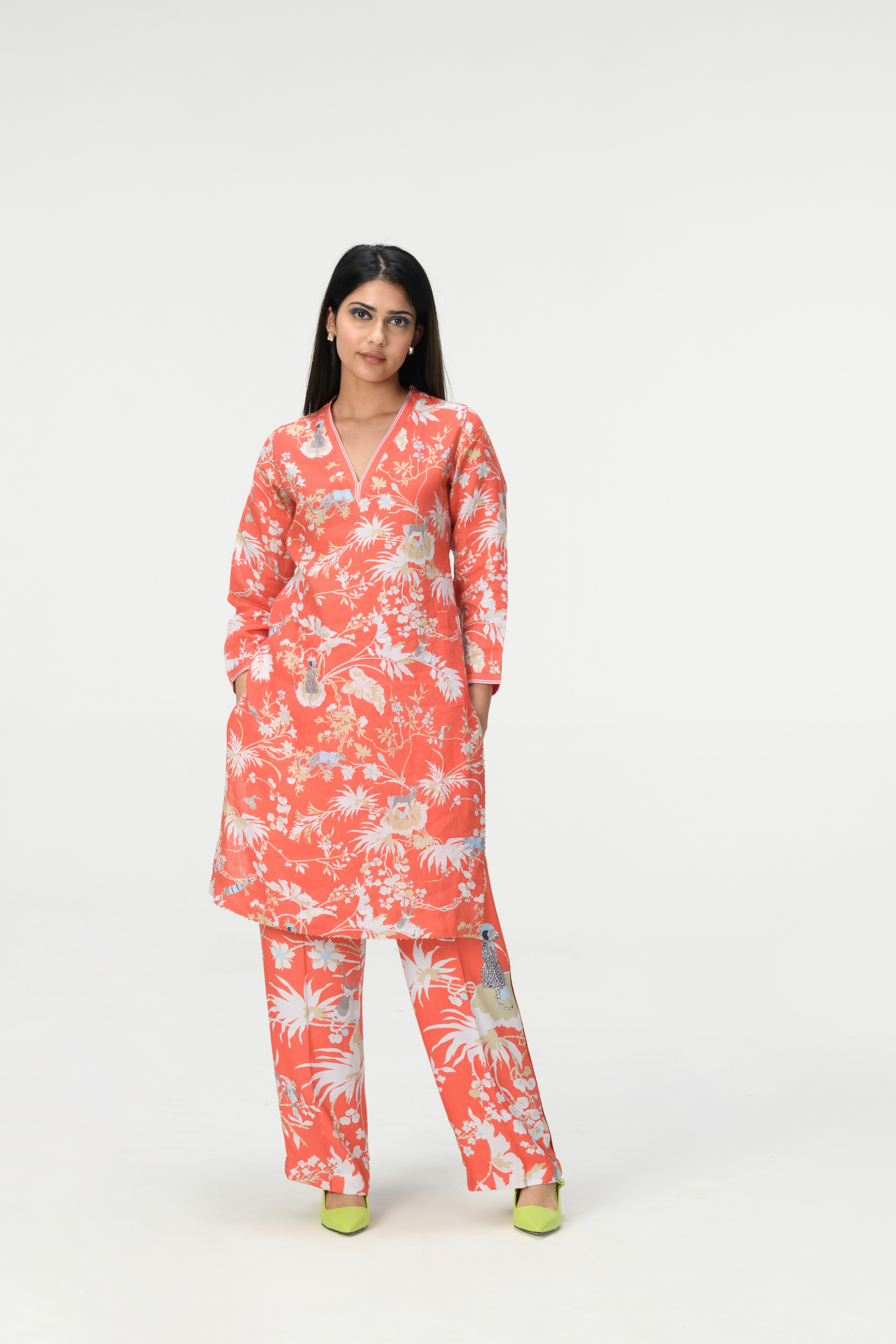 Rainforest V Neck Kurta Coral Linen