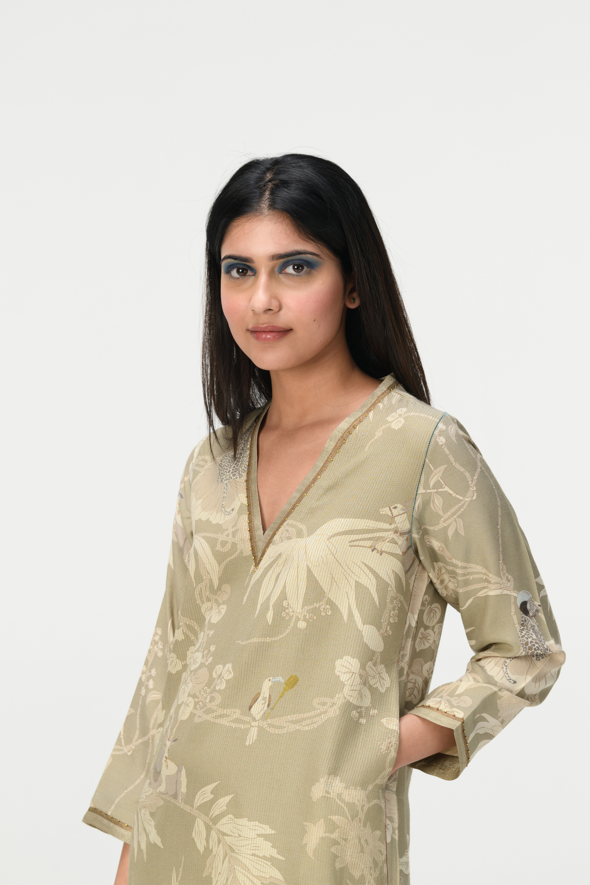 Rainforest Roshan V Neck Kurta Oyster Grey Muga Satin Silk