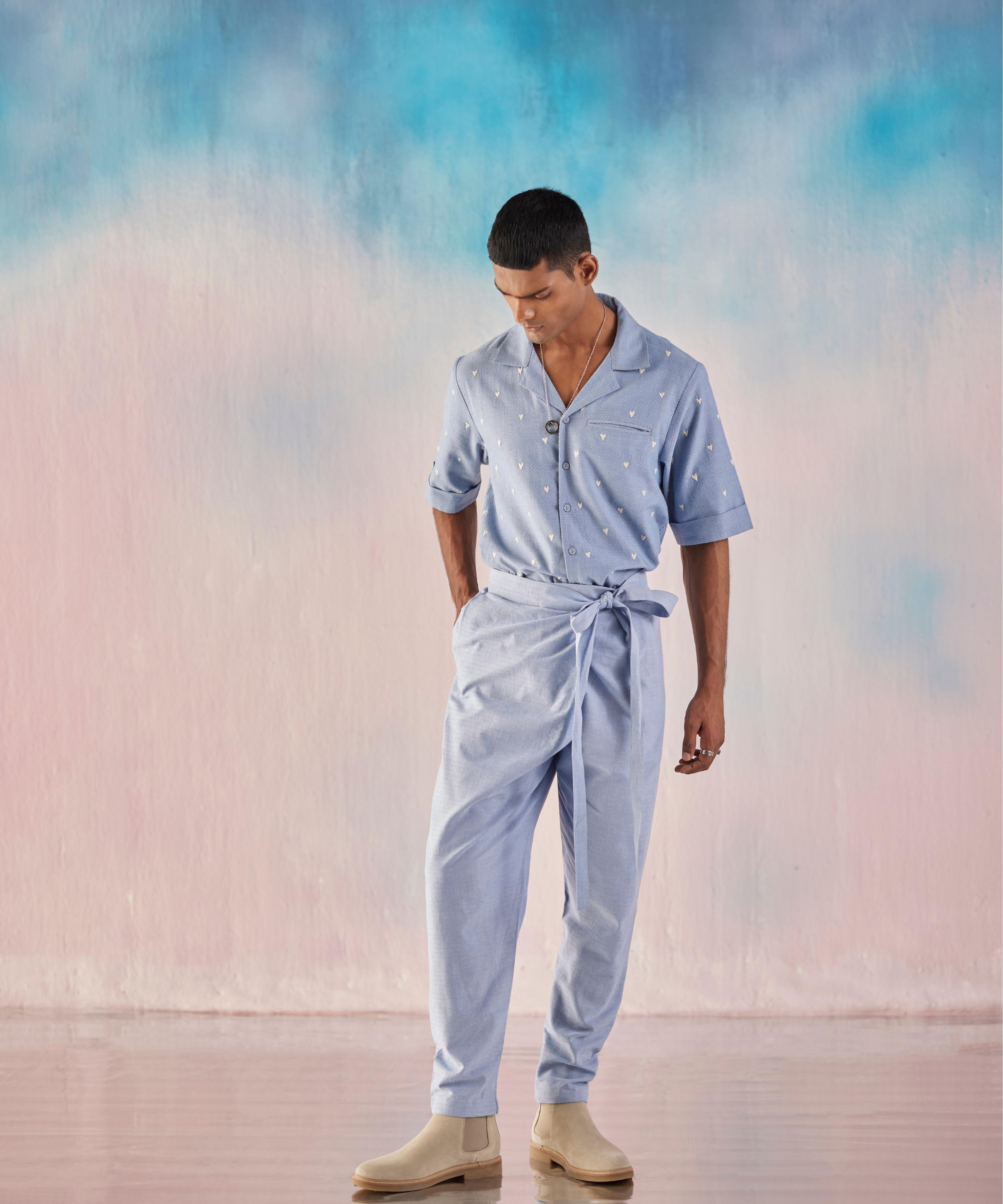 Heart Emb Cuban Chambray Half Sleeve Shirt