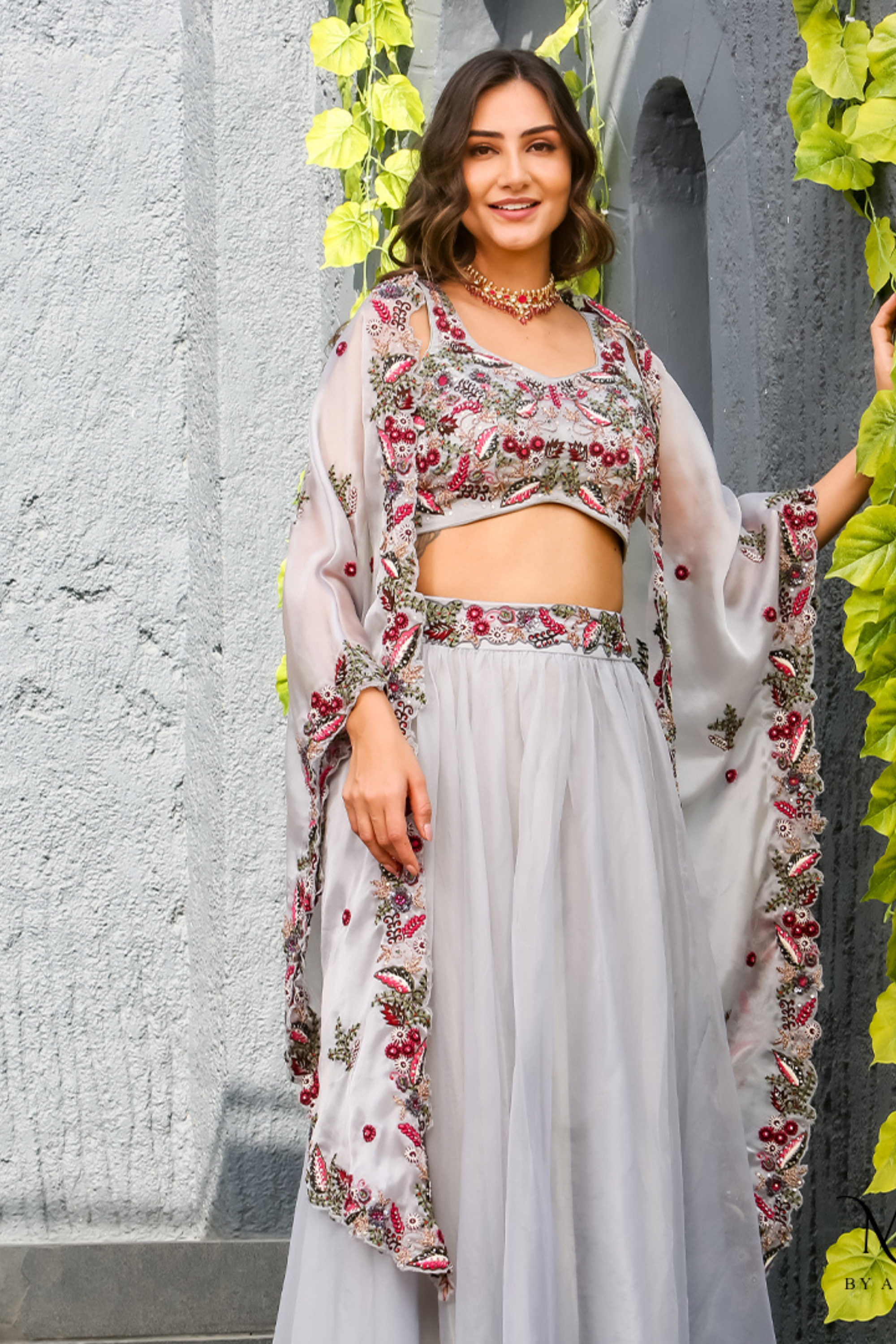Alia- Embellished Lavender Cape and Skirt Set