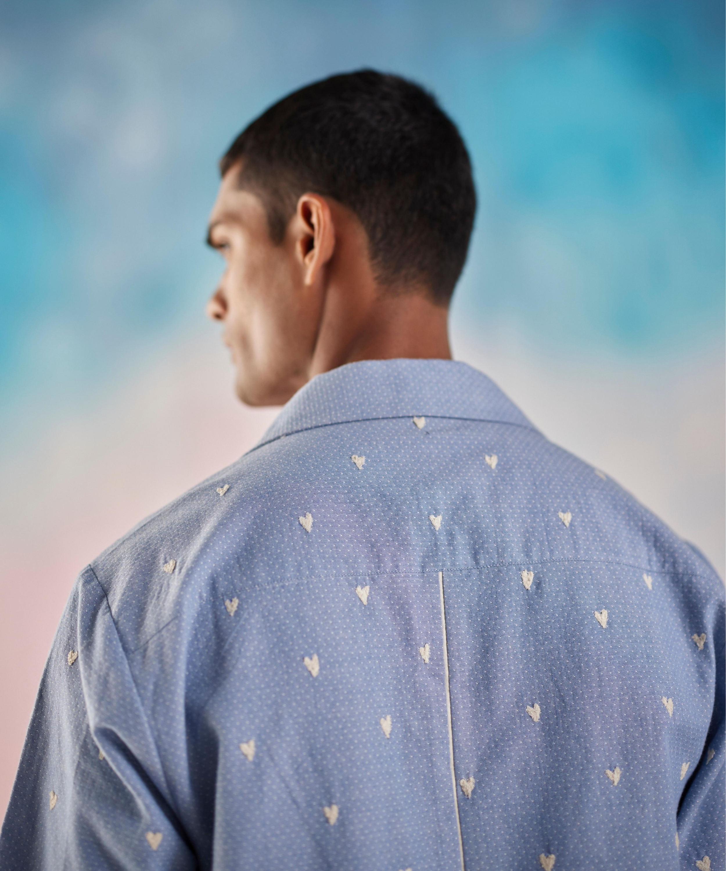 Heart Emb Cuban Chambray Half Sleeve Shirt