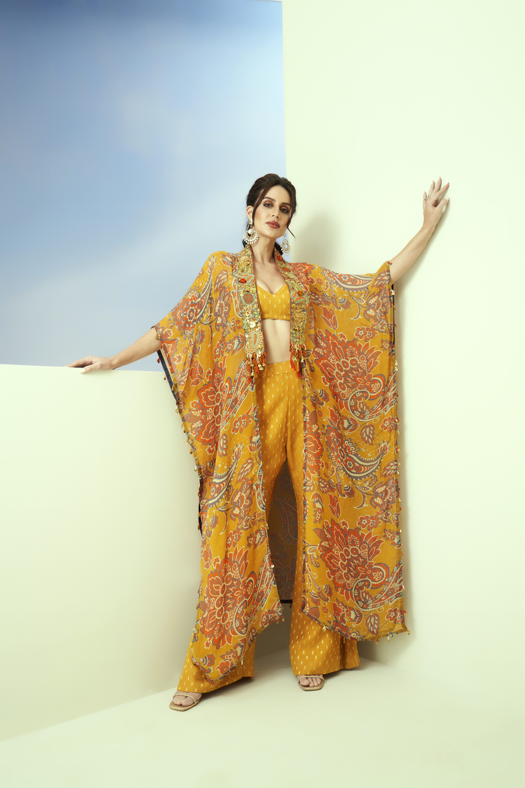 Yellow Printed Organza Collar Emb. Longline Kaftan